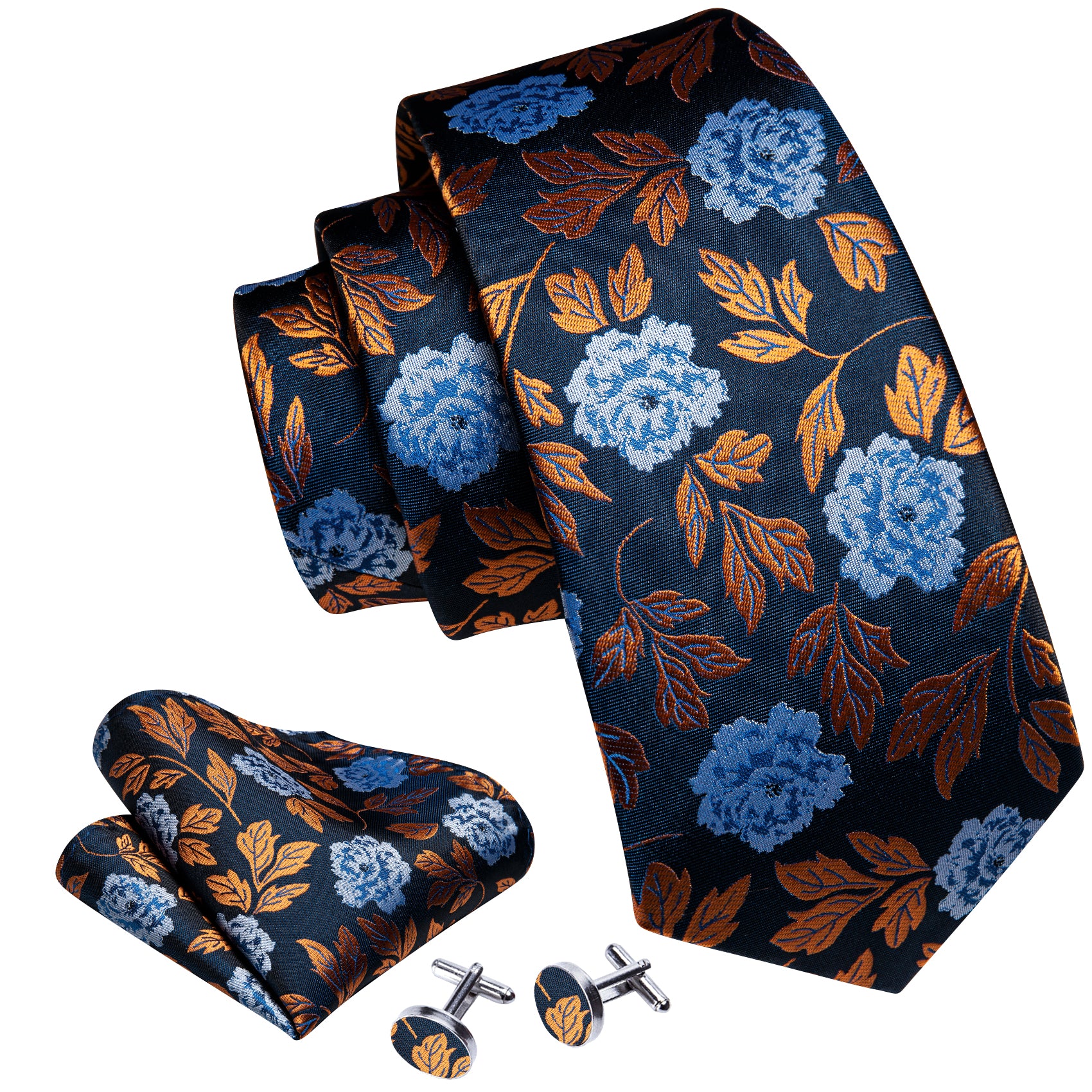 Blue Orange Peony Silk Tie Pocket Square Cufflinks Set