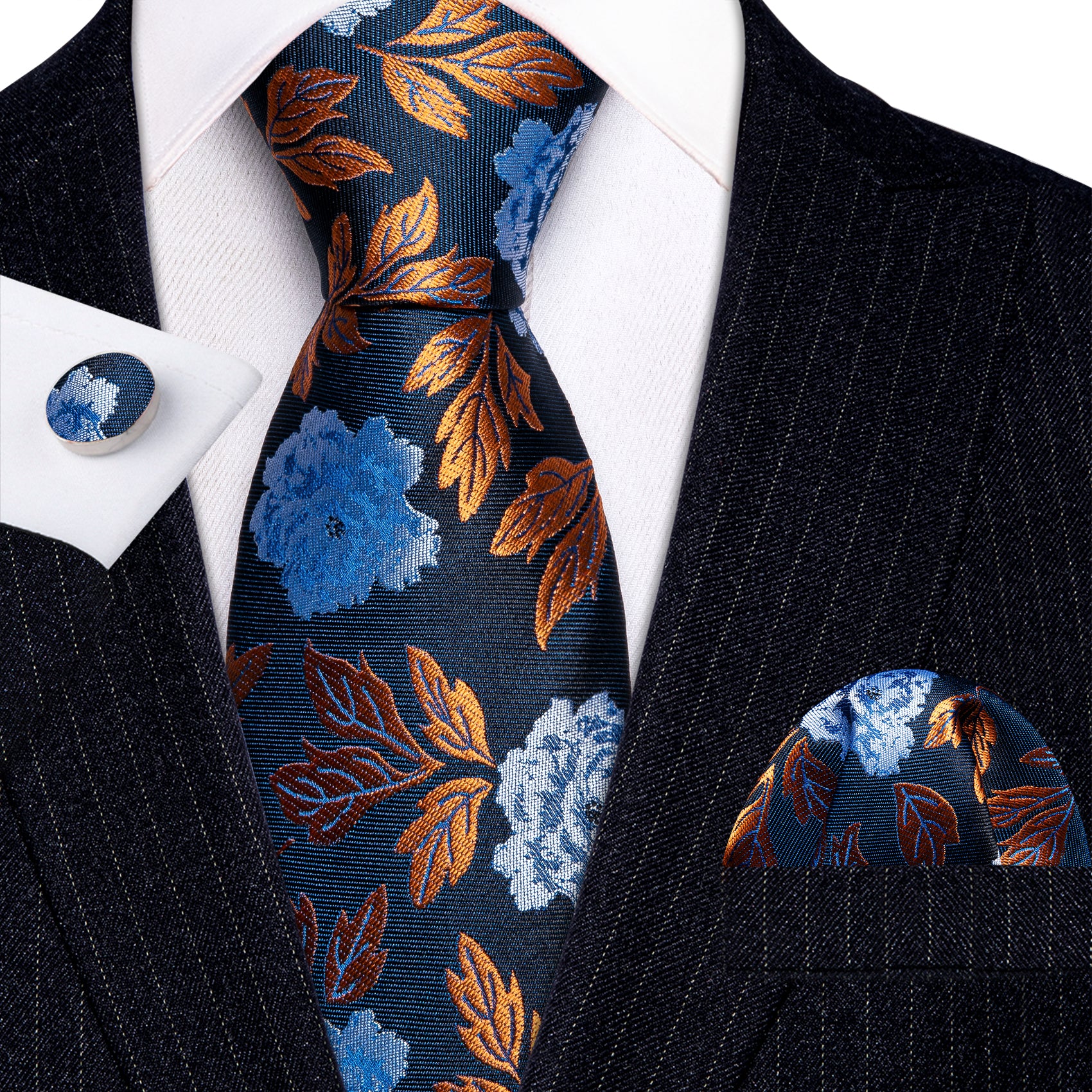 Blue Orange Peony Silk Tie Pocket Square Cufflinks Set
