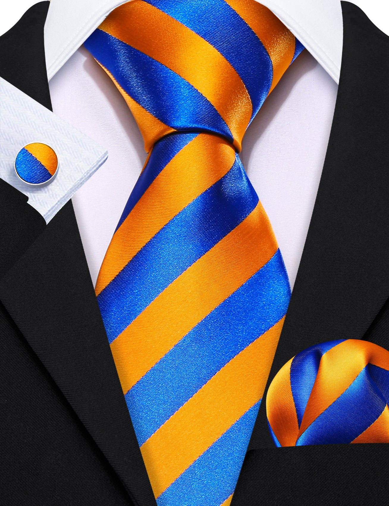 Blue Orange Striped Silk Tie Hanky Cufflinks Set
