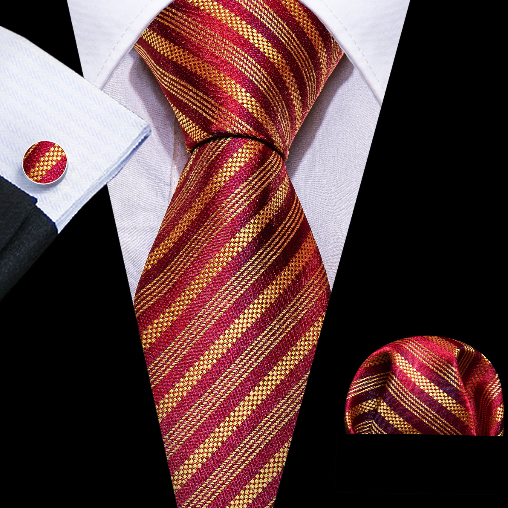 Gold Red 59 Inches Striped Silk Tie Hanky Cufflinks Set