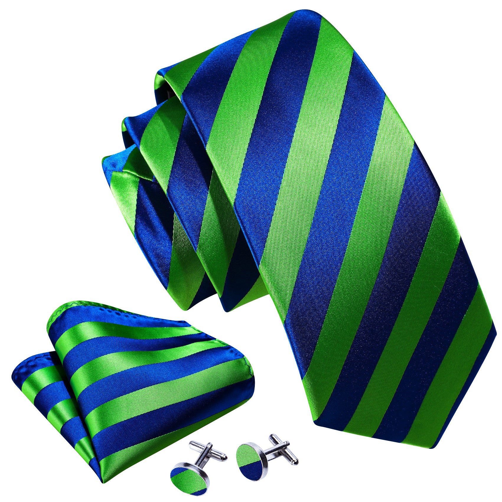 Blue Green 59 Inches Striped Silk Tie Hanky Cufflinks Set