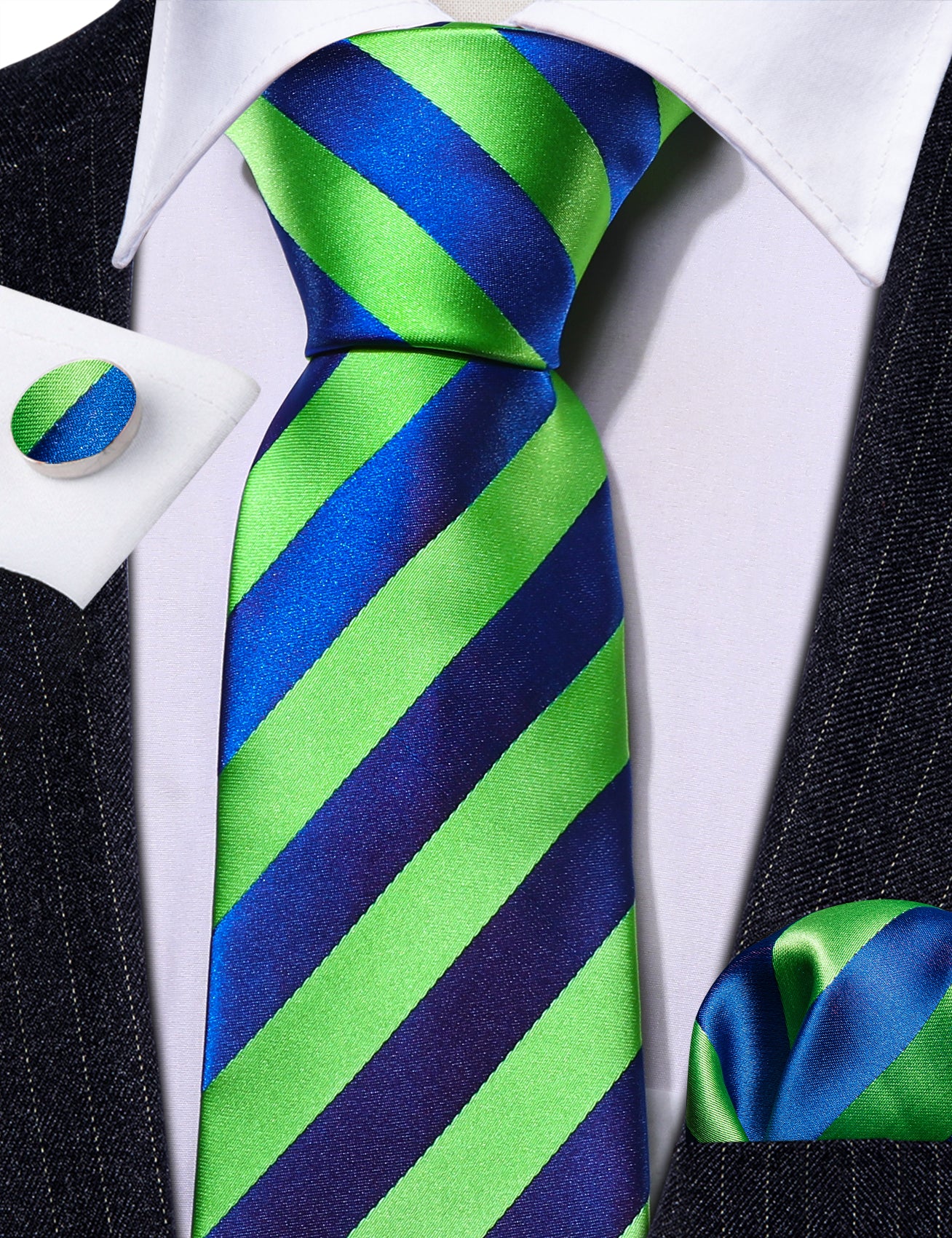 Blue Green 59 Inches Striped Silk Tie Hanky Cufflinks Set