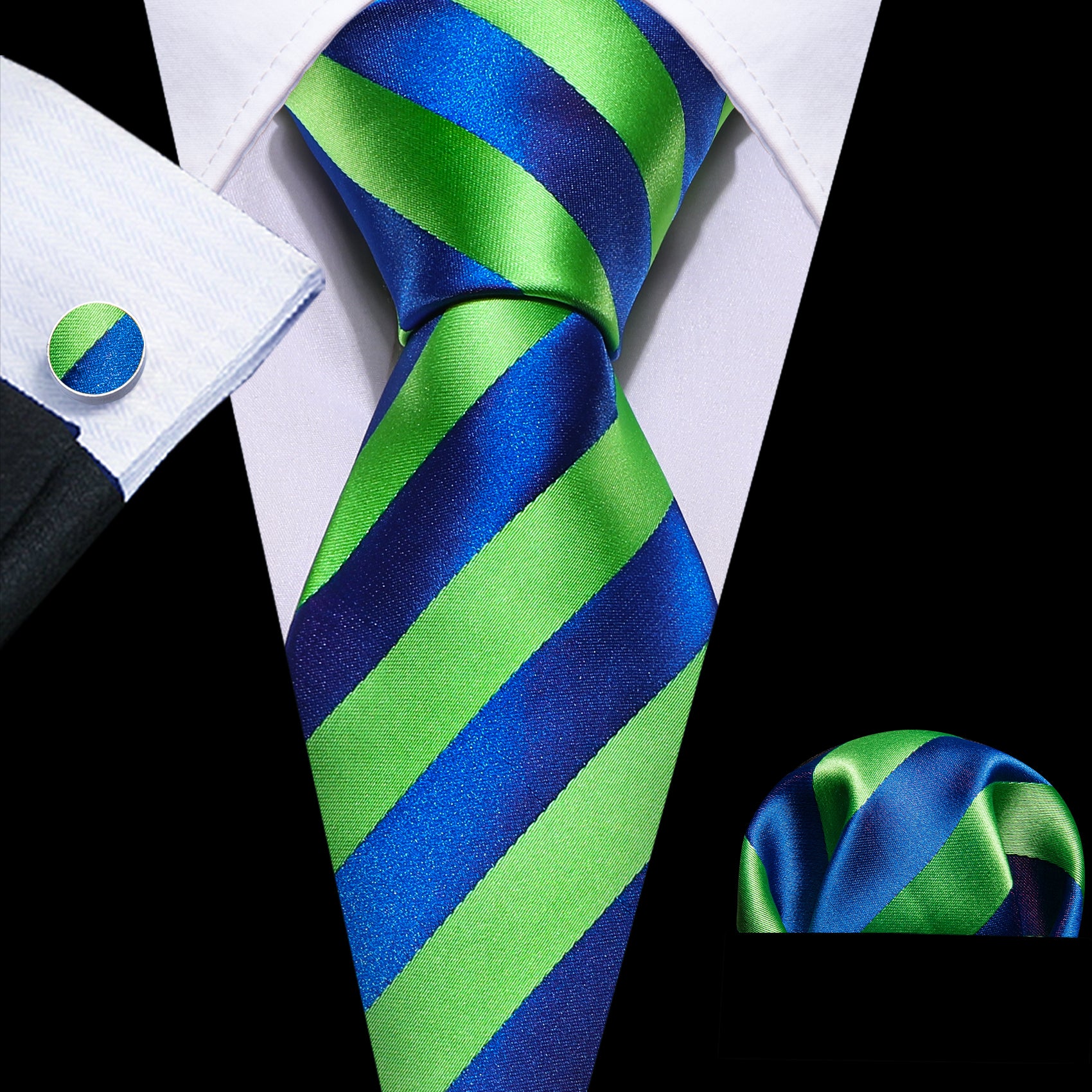 Black suit blue green necktie and cufflinks 