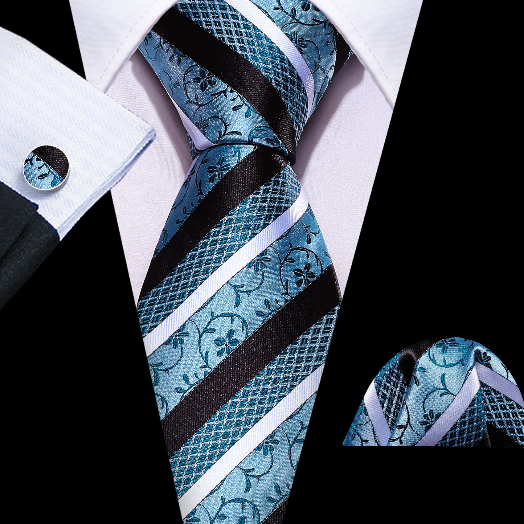 Black suit Sky blue necktie with black  stripes  necktie  for men 