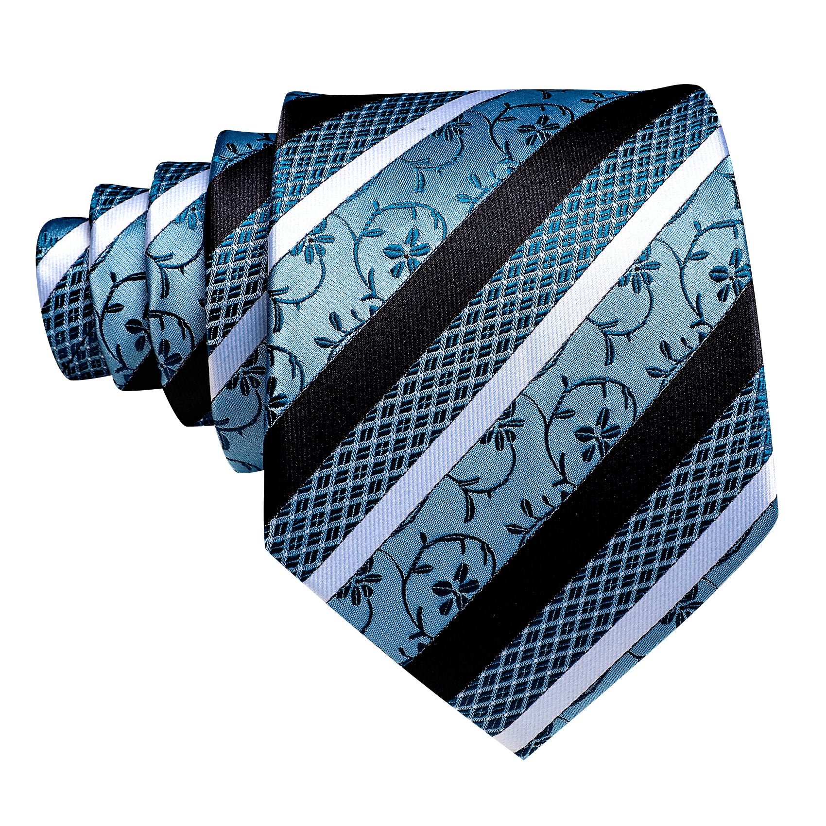 Blue Black Floral Striped Silk Tie Hanky Cufflinks Set