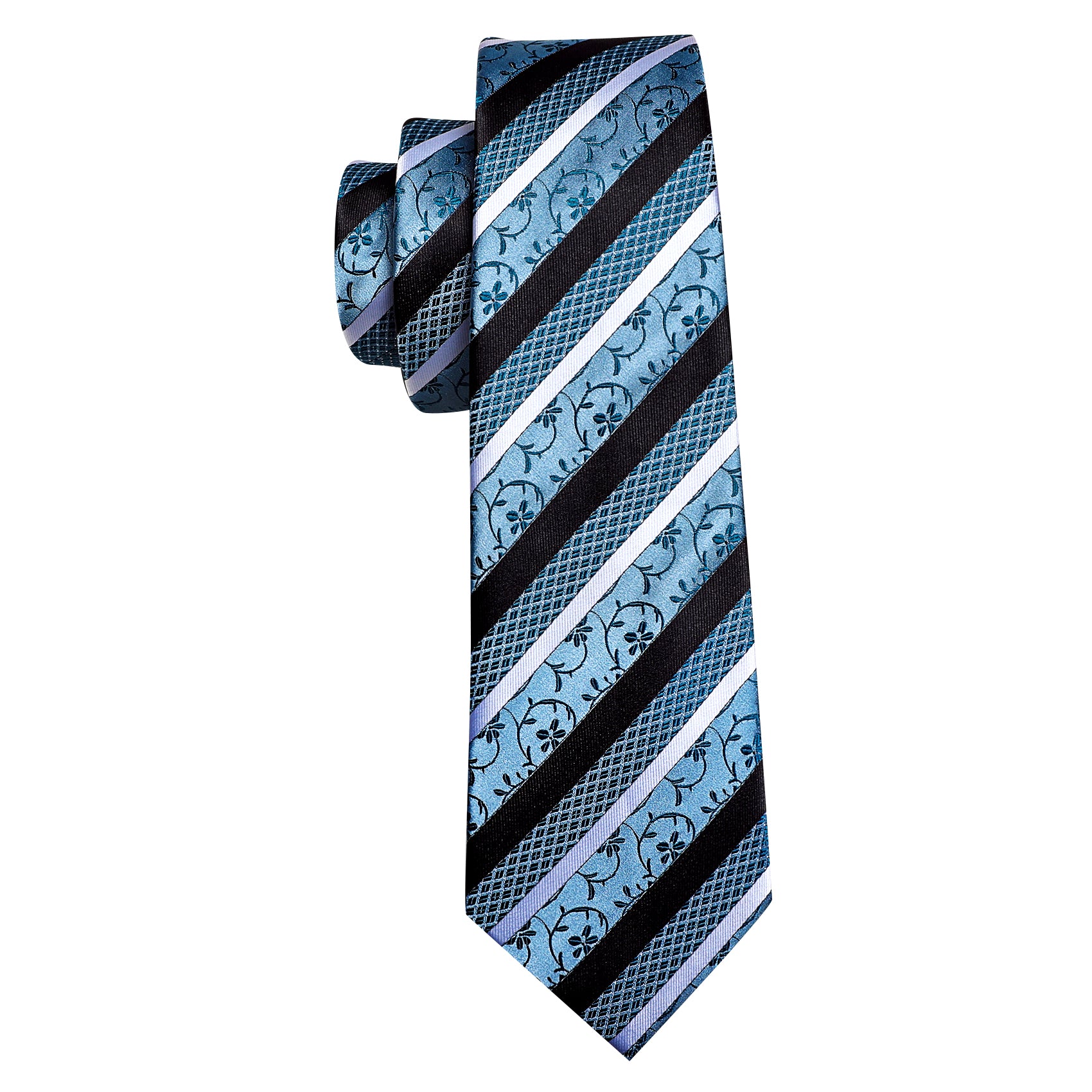 Blue Black Floral Striped Silk Tie Hanky Cufflinks Set