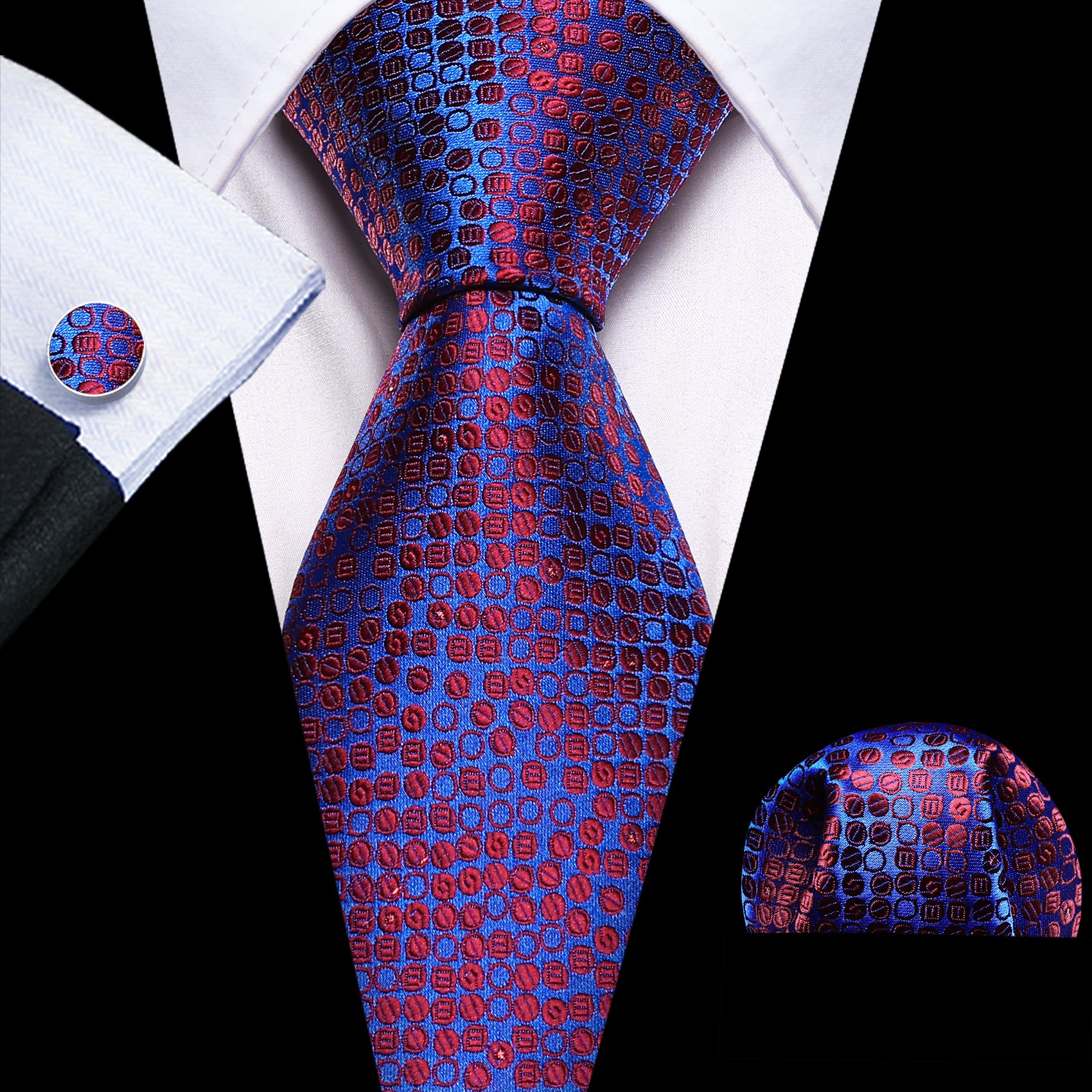 Blue Red Print Roud Silk Tie Hanky Cufflinks Set