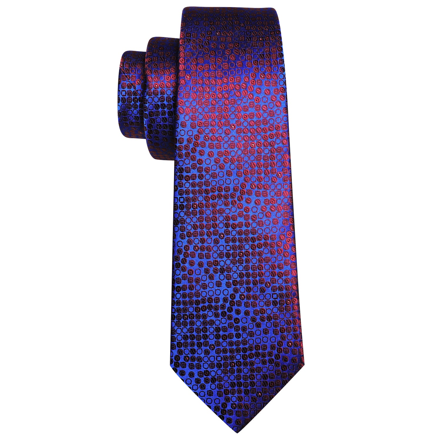 Blue Red Print Roud Silk Tie Hanky Cufflinks Set