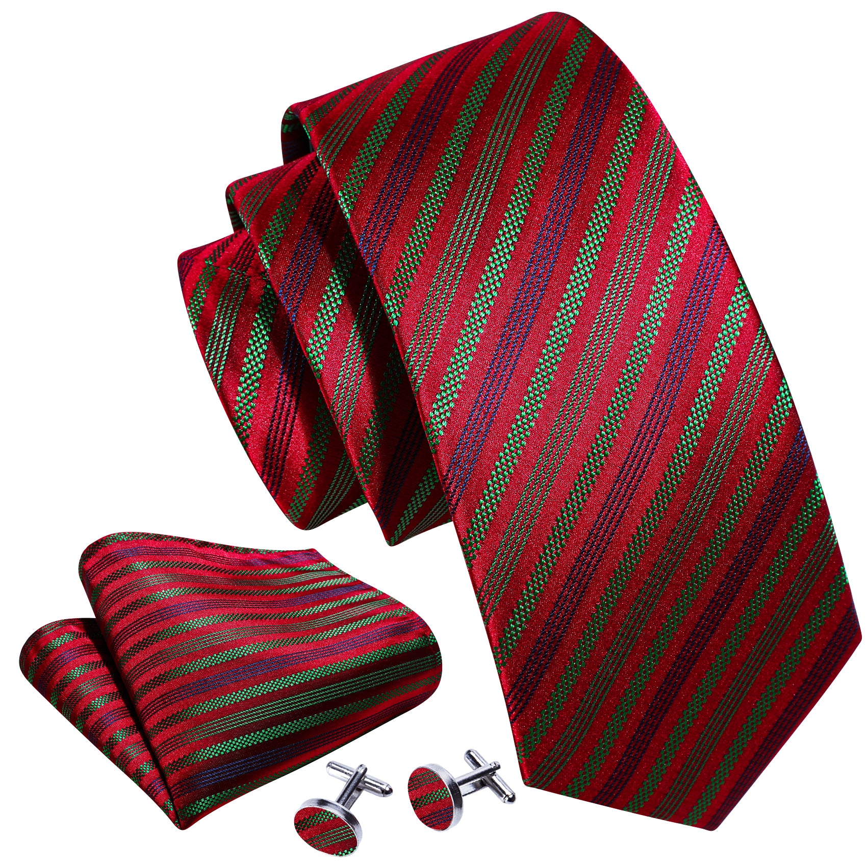 New Red Green Striped Silk Tie Hanky Cufflinks Set