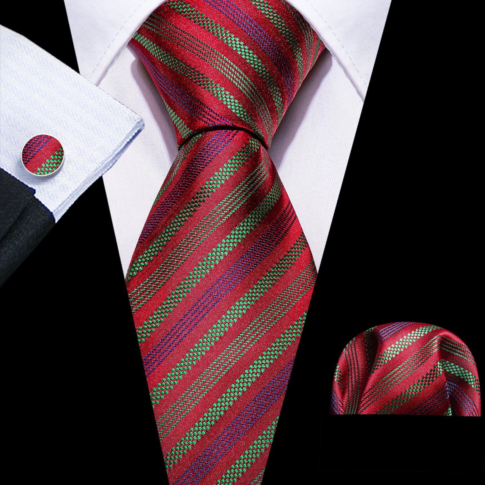 Barry Wang Red Tie Light Green Striped Silk Tie Hanky Cufflinks Set