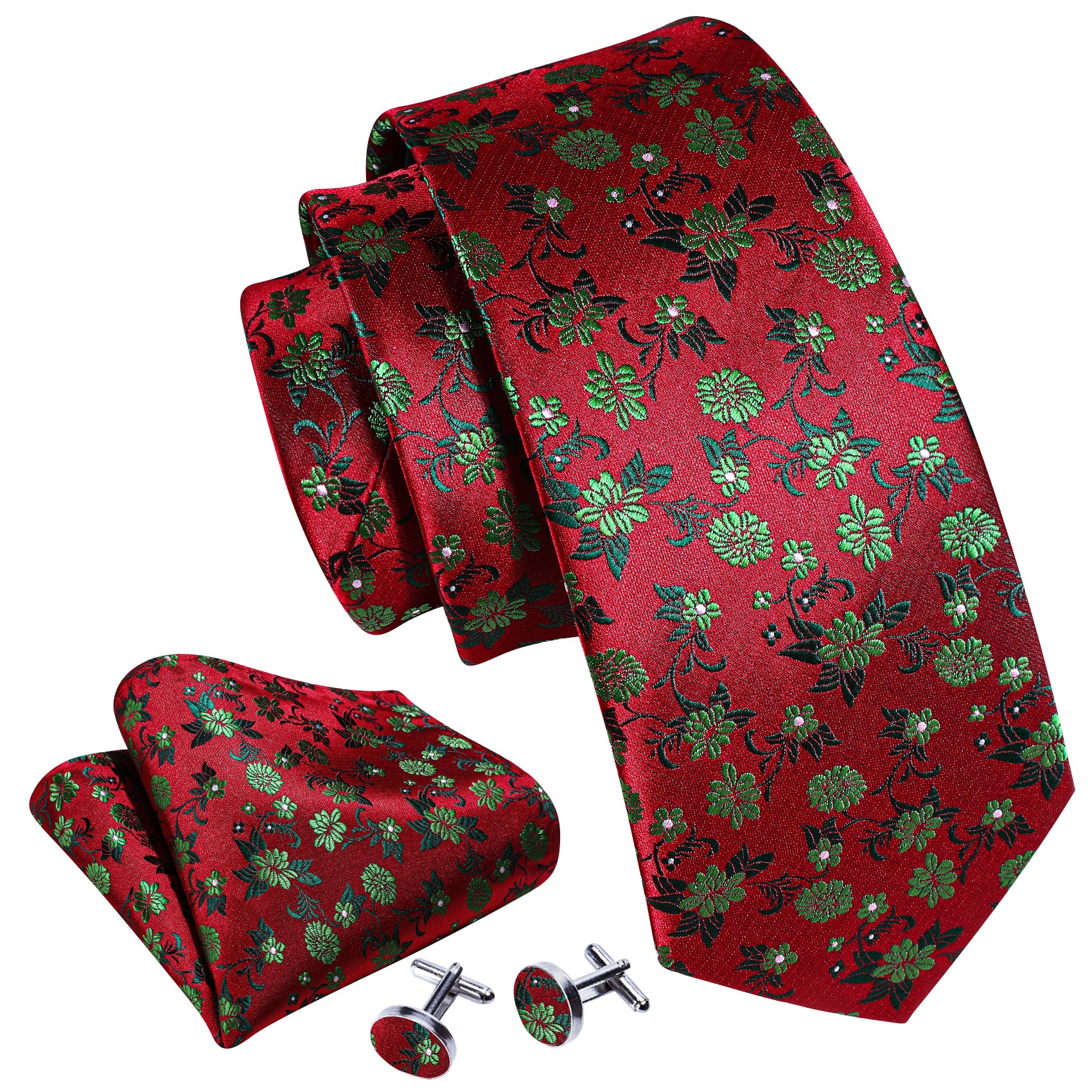 Fashion Red Green Flower Silk Tie Hanky Cufflinks Set
