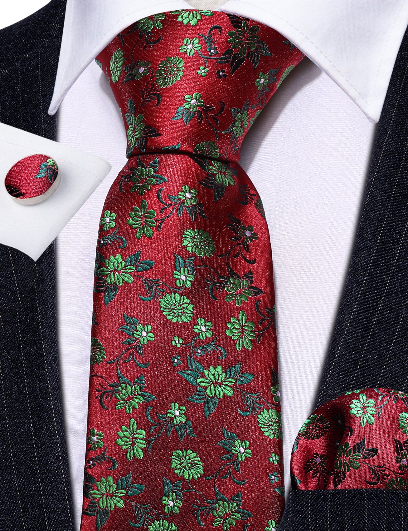 Fashion Red Green Flower Silk Tie Hanky Cufflinks Set