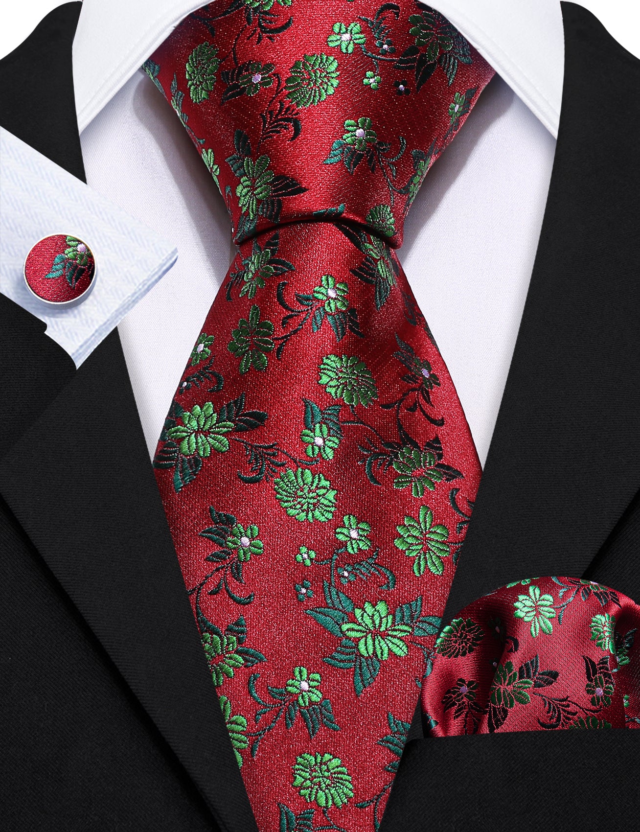  Red Tie Fashion Green Flower Silk Tie Hanky Cufflinks Set