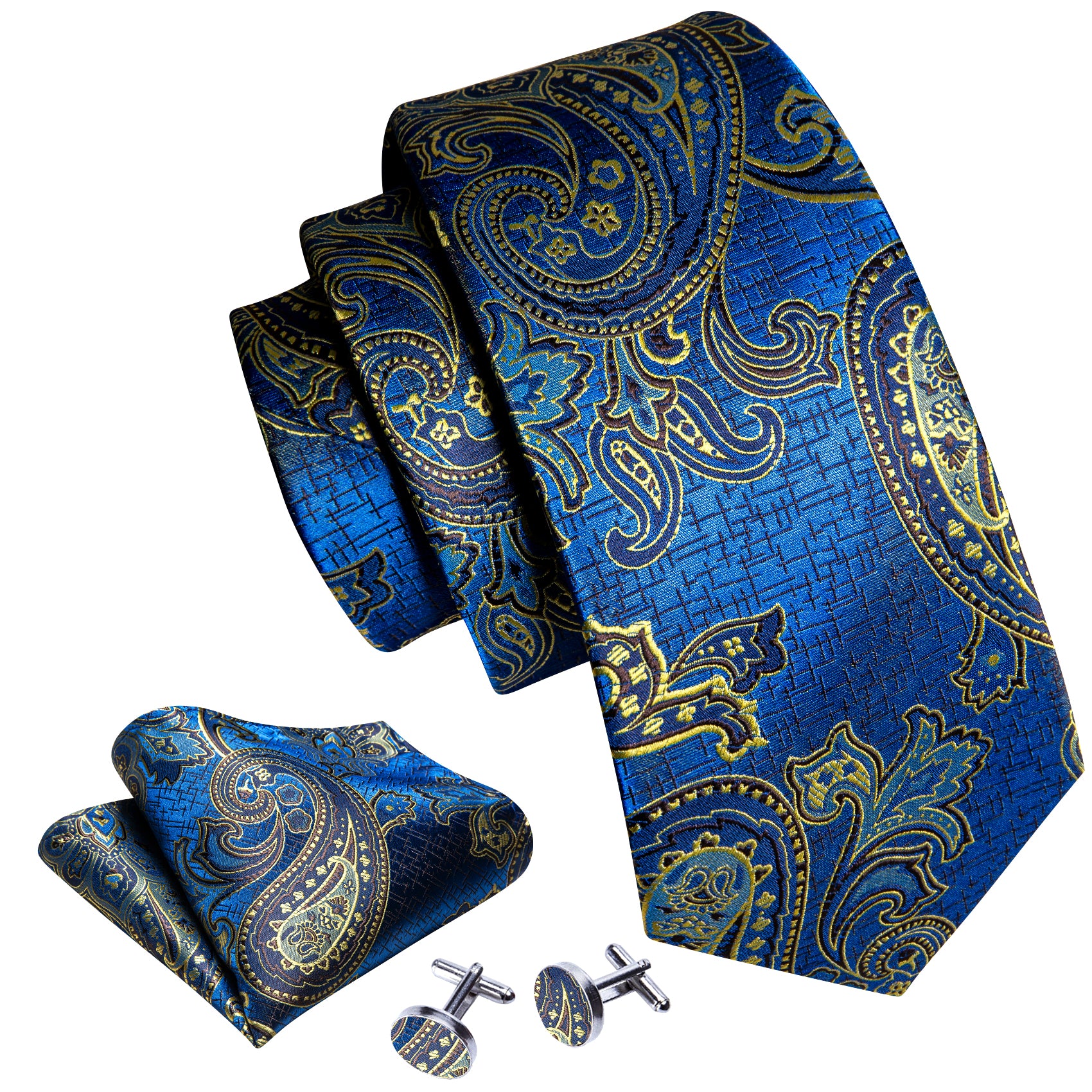 Blue Yellow Paisley Silk Tie Pocket Square Cufflinks Set