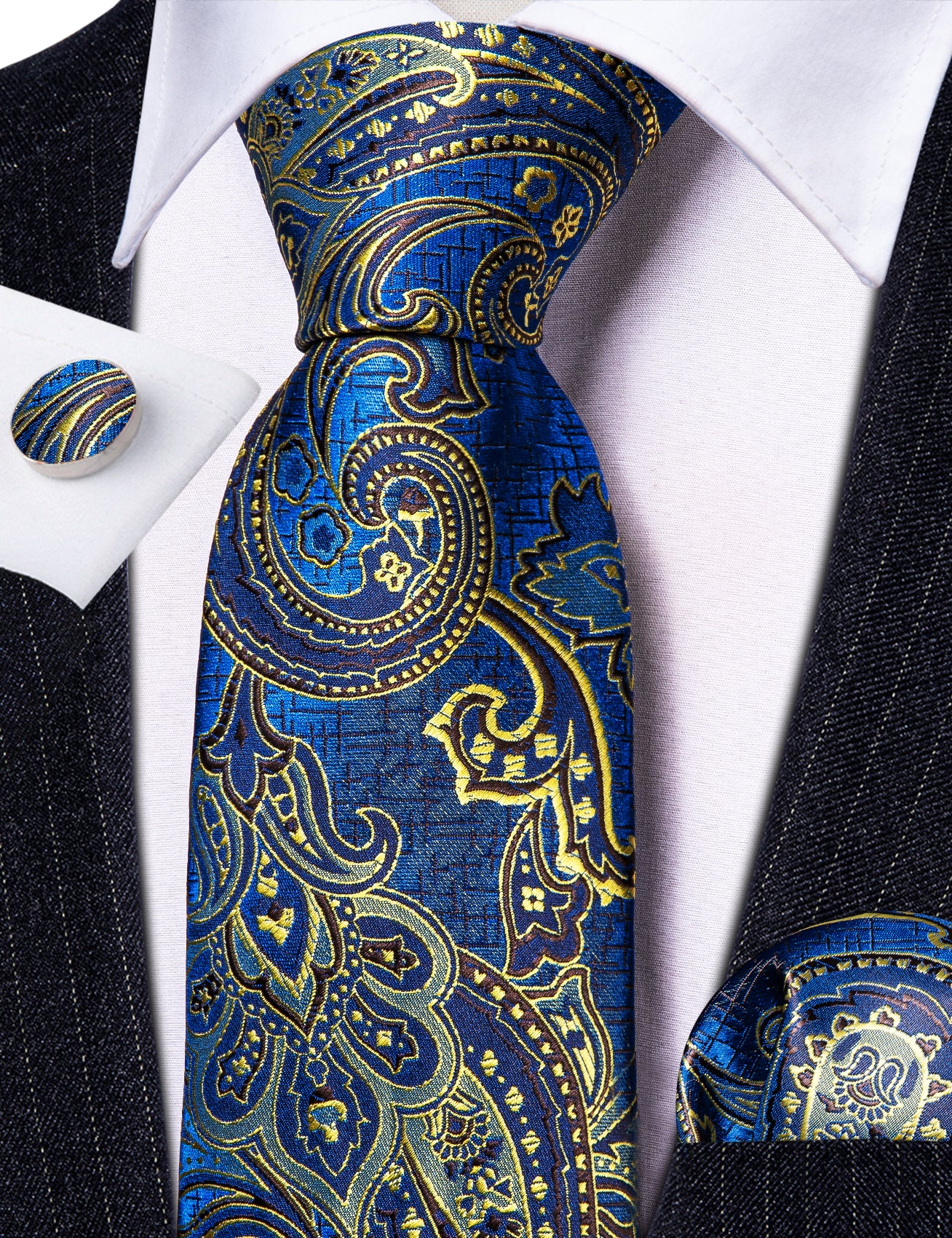 Barry.wang Floral Tie Yellow Blue Paisley Silk Tie Men's Cufflinks Set