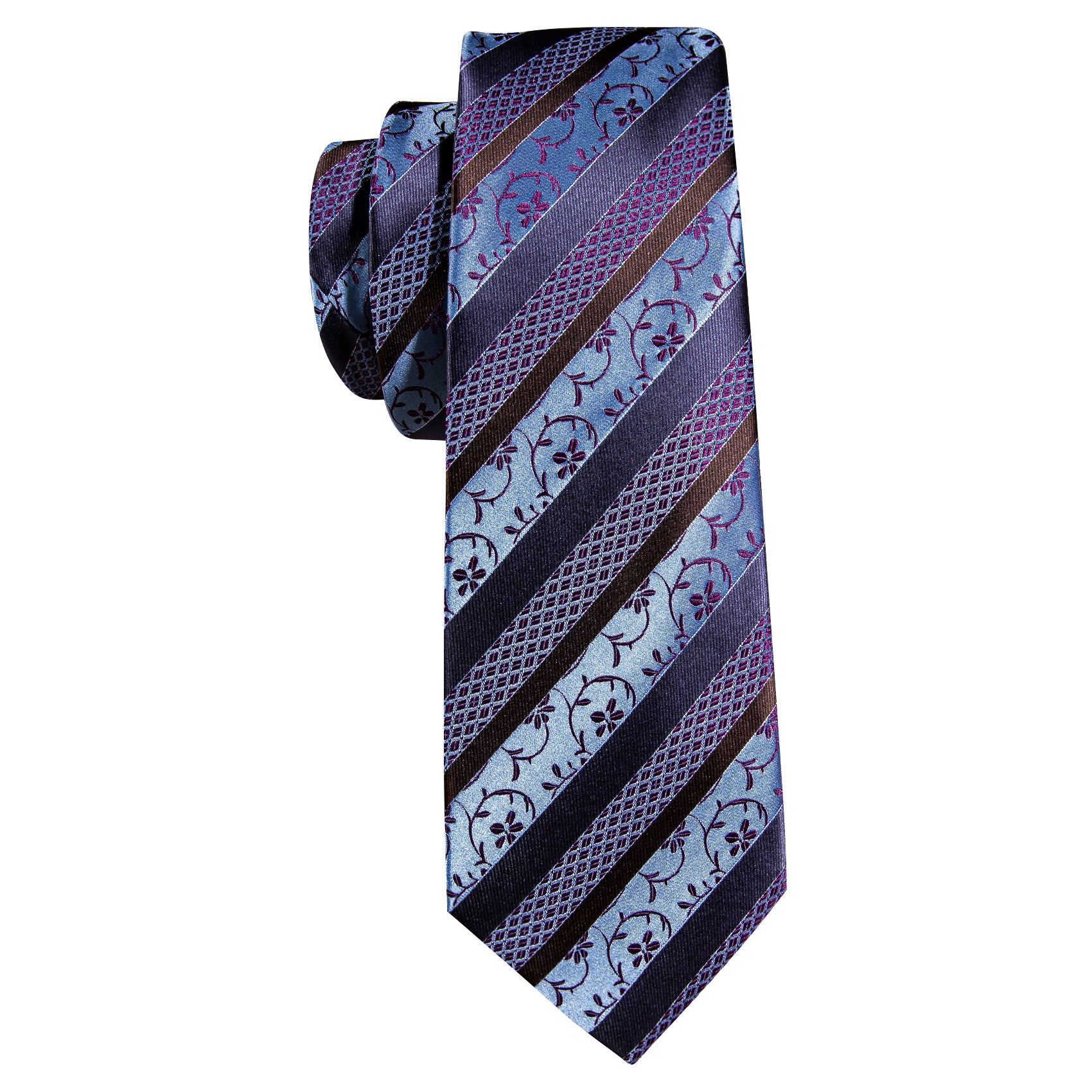 Blue Purple Striped Floral Silk Tie Hanky Cufflinks Set