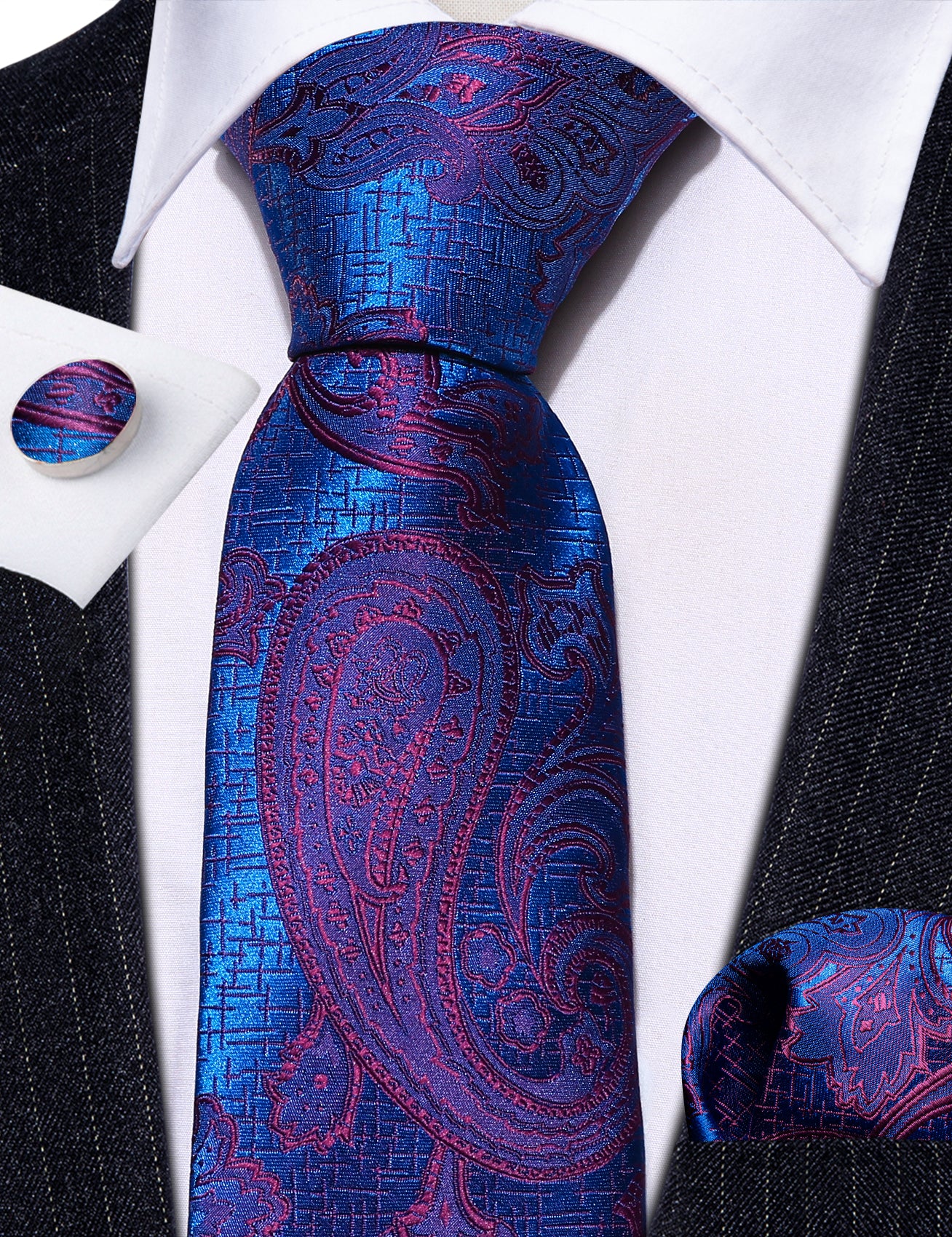 Blue Purple Paisley Silk Tie Hanky Cufflinks Set