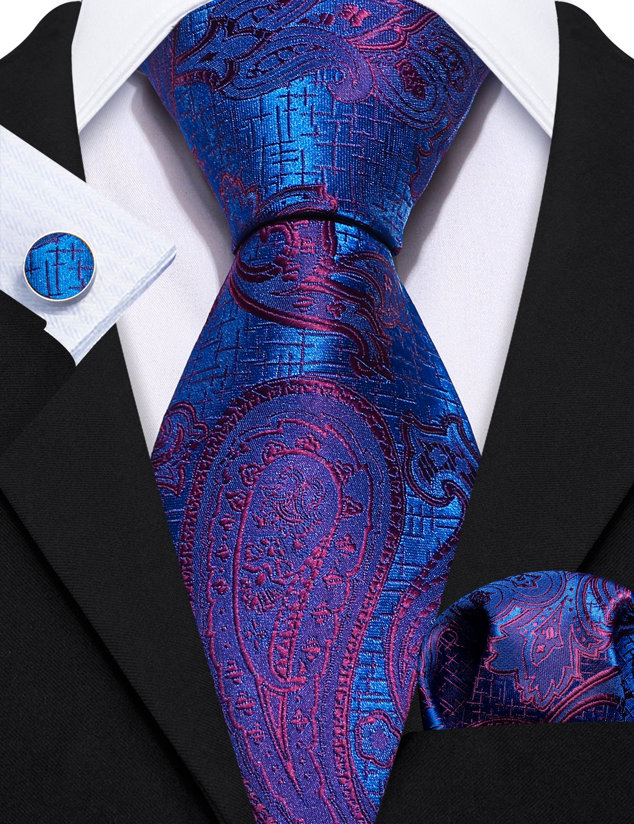 Blue Purple Paisley Silk Tie Hanky Cufflinks Set