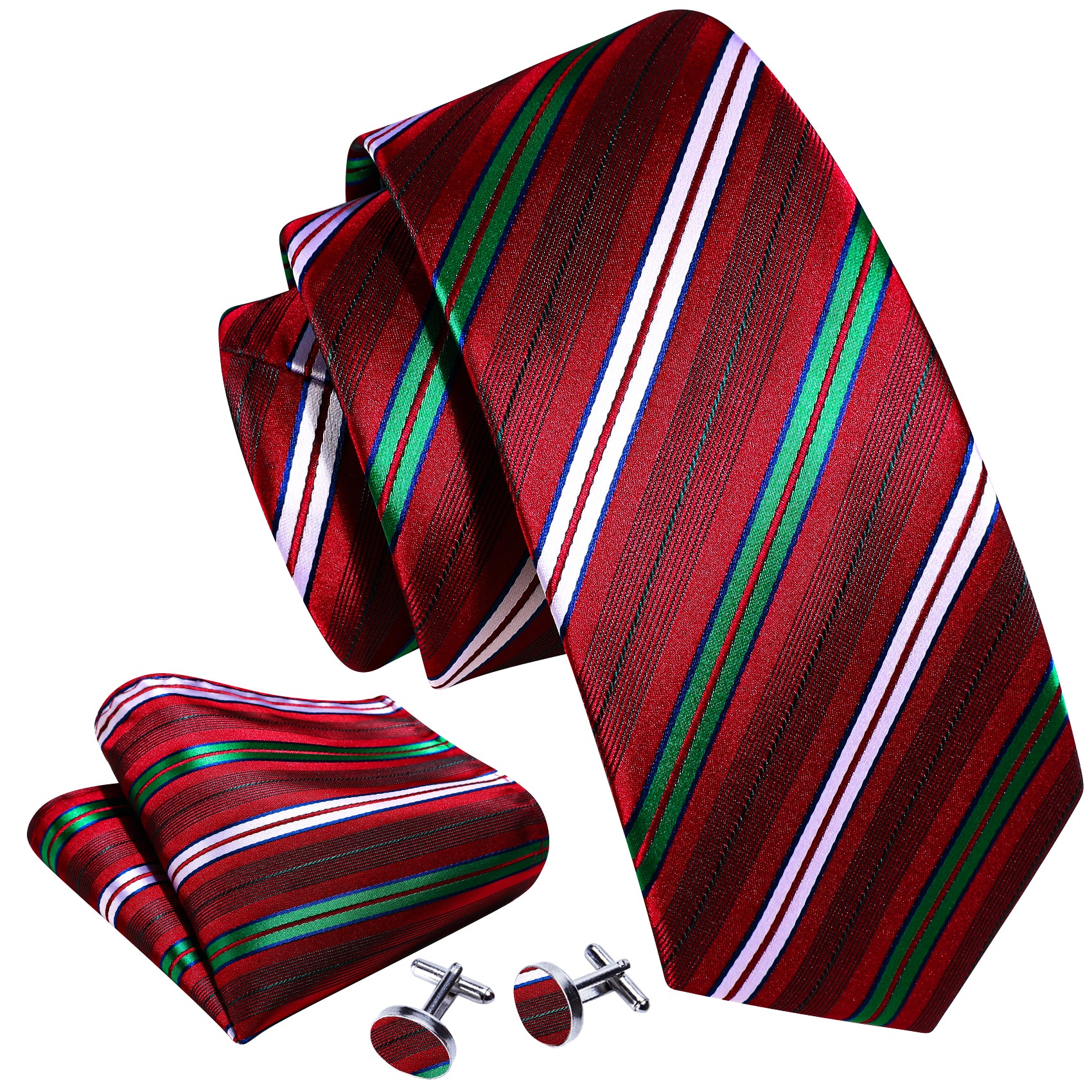 Shining Red White Striped Silk Tie Hanky Cufflinks Set