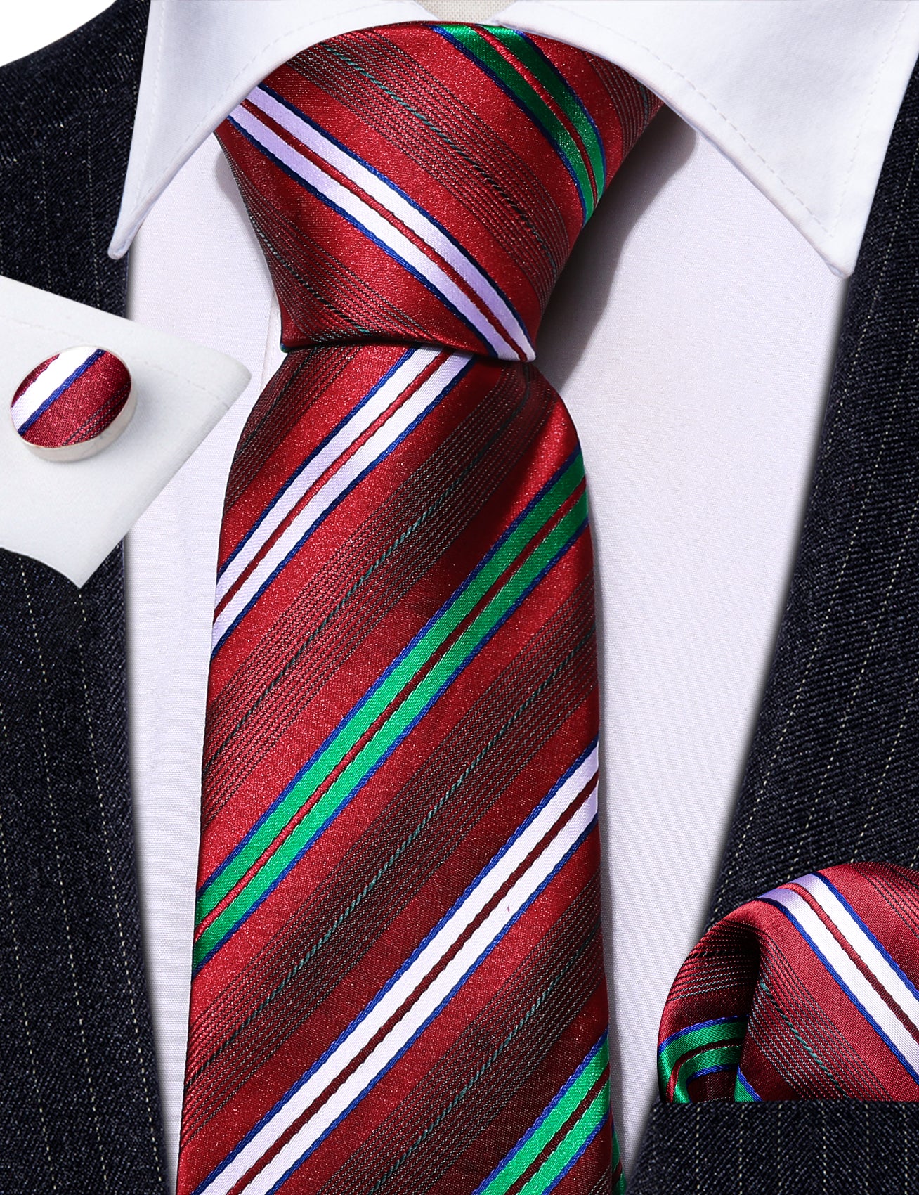 Shining Red White Striped Silk Tie Hanky Cufflinks Set