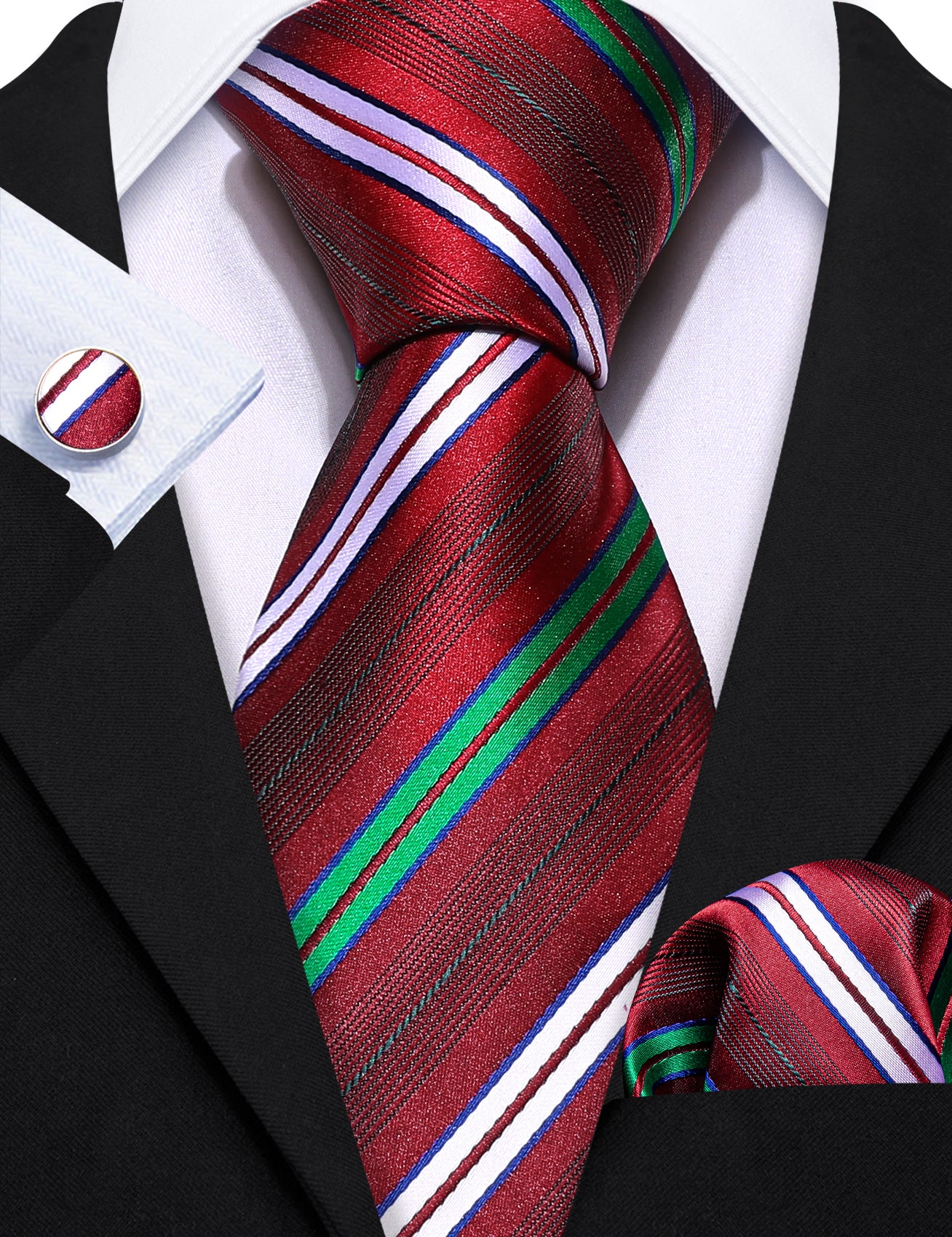 New Blue Red White Striped Silk Tie Hanky Cufflinks Set