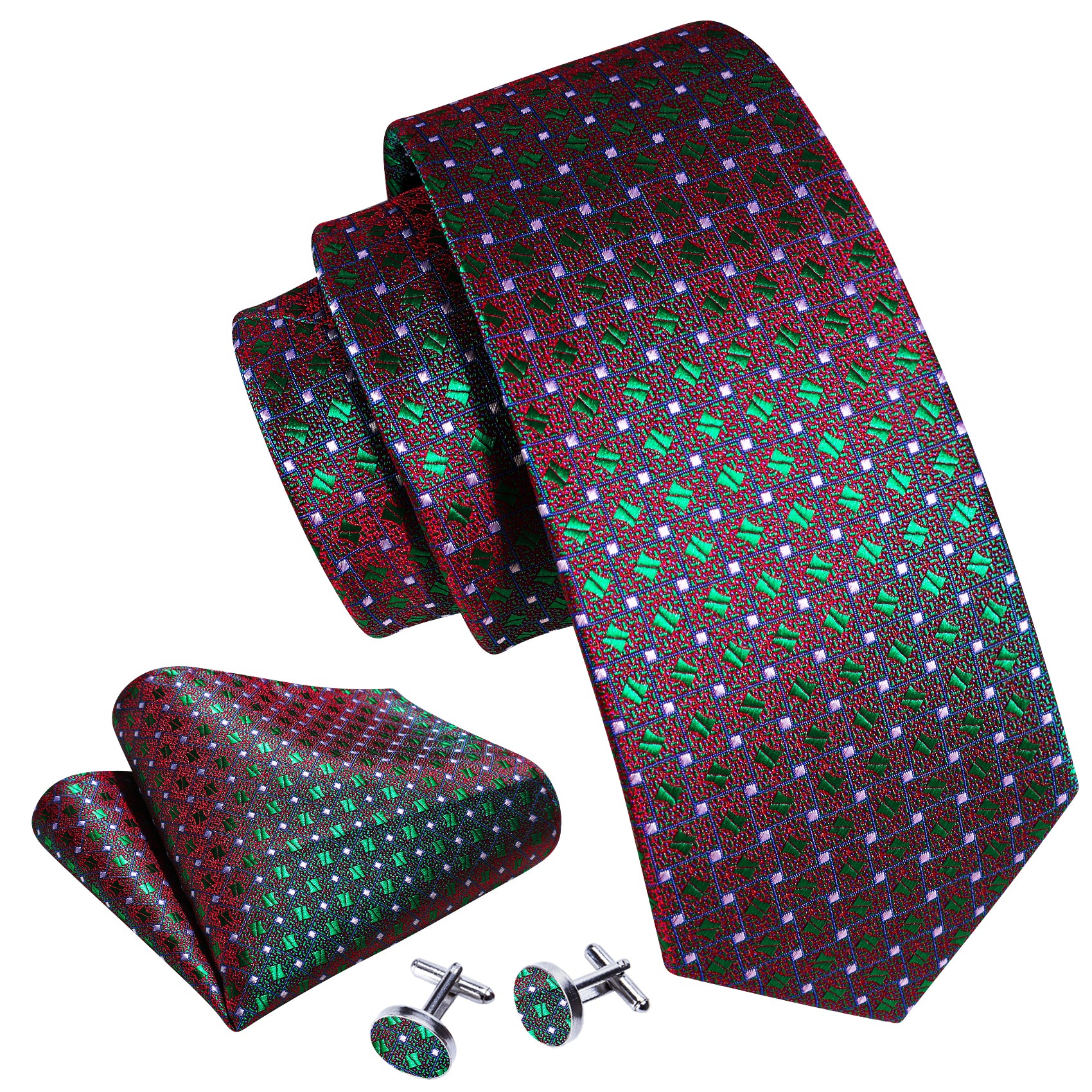 Novelty Green Red Floral Silk Tie Hanky Cufflinks Set