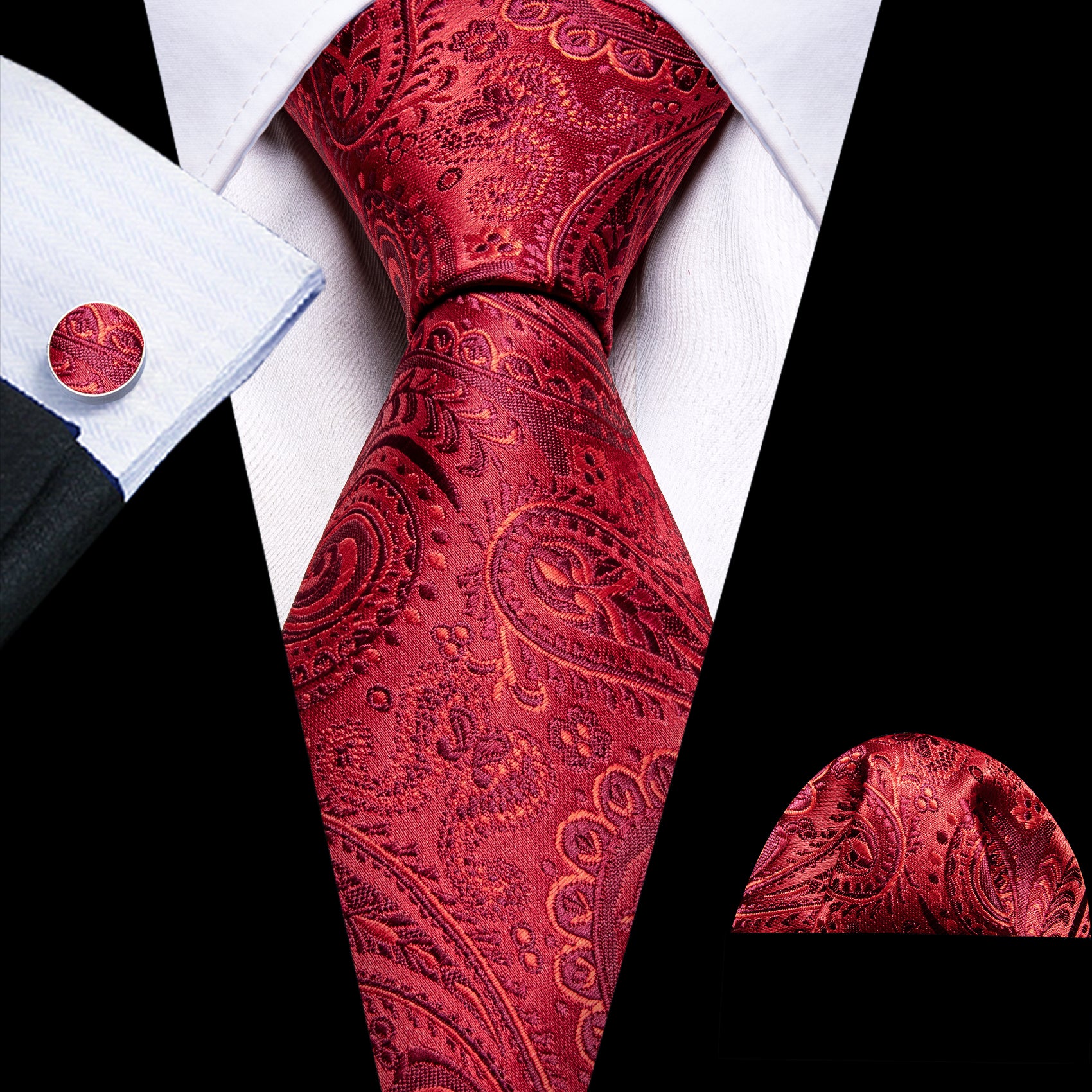 Red Paisley Silk Tie Pocket Square Cufflinks Set