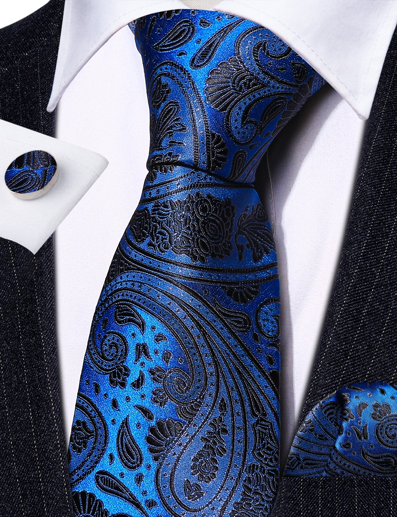 Barry.wang Blue Tie Black Silk Paisley Tie Hanky Cufflinks Set for Men