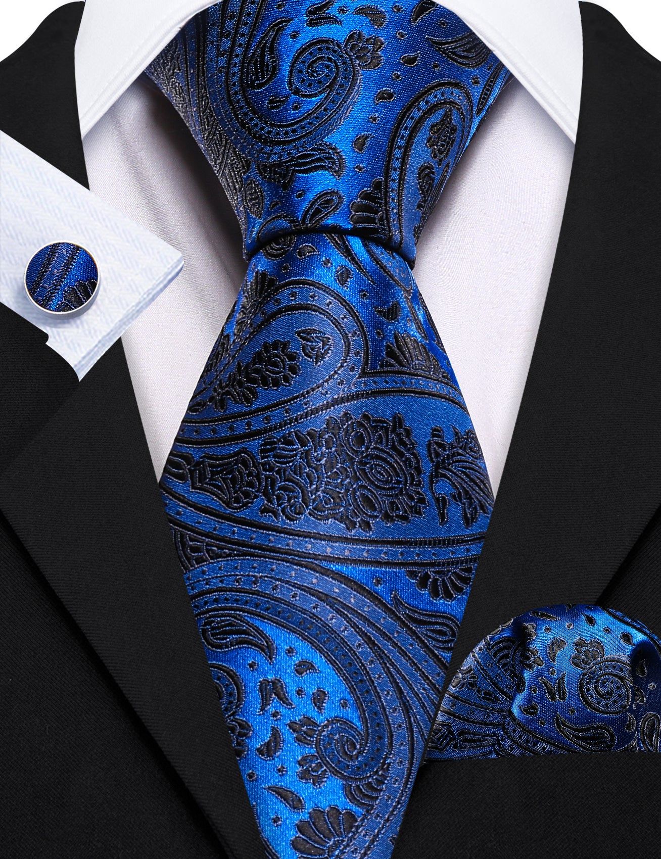 Blue Black Silk Paisley Tie Set