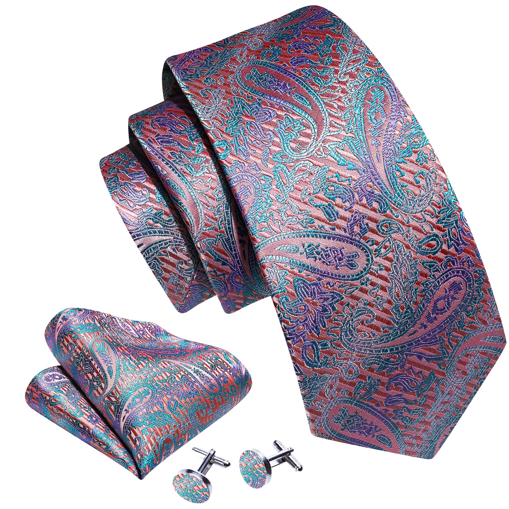 Pink Blue Paisley Silk Tie Hanky Cufflinks Set