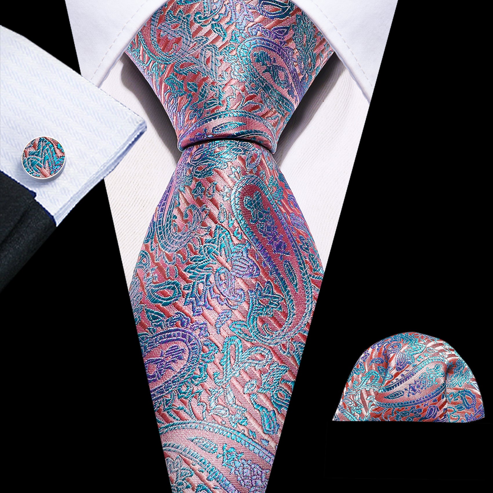 Pink Blue Paisley Silk Tie Hanky Cufflinks Set