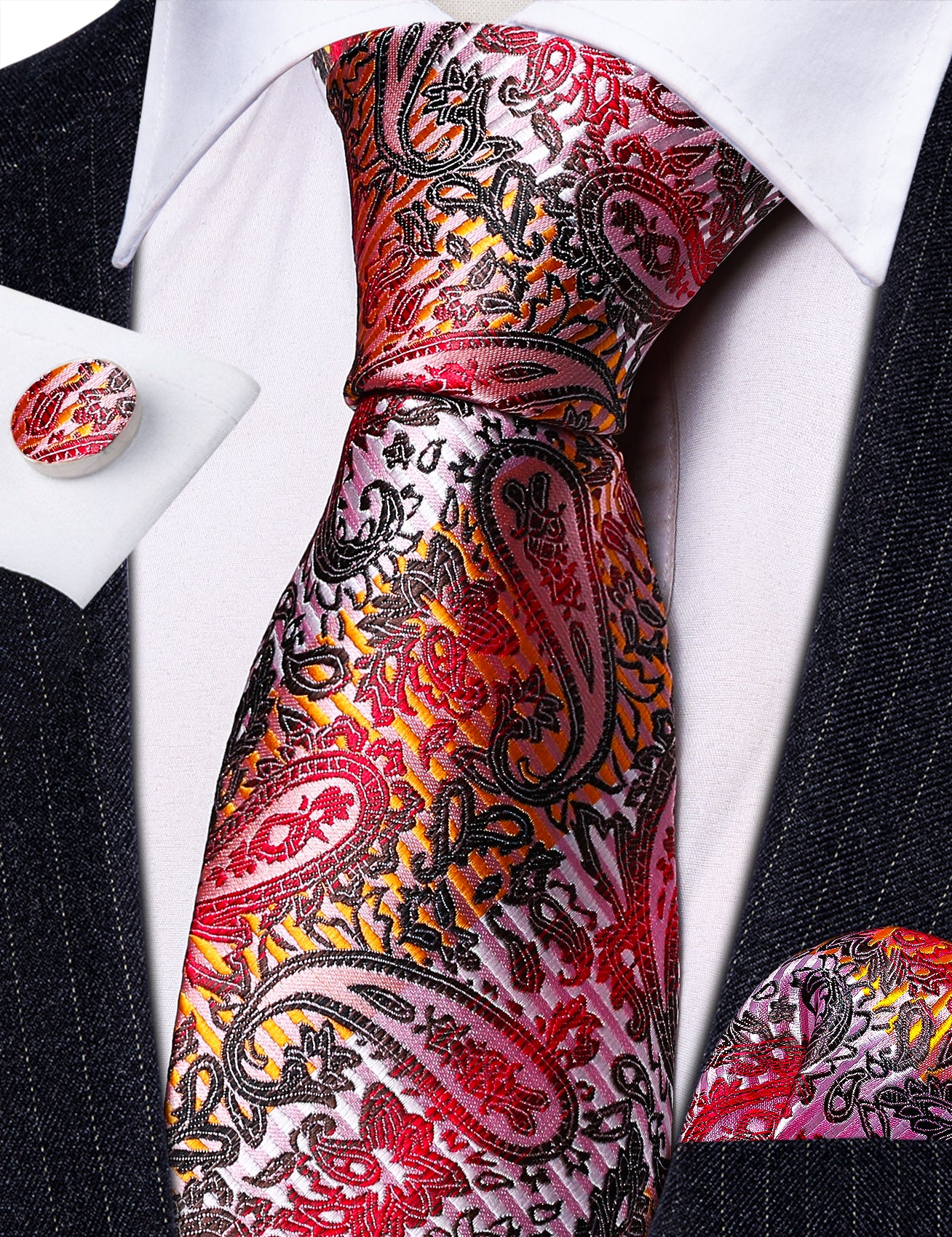 Colorful Paisley Silk Tie Hanky Cufflinks Set