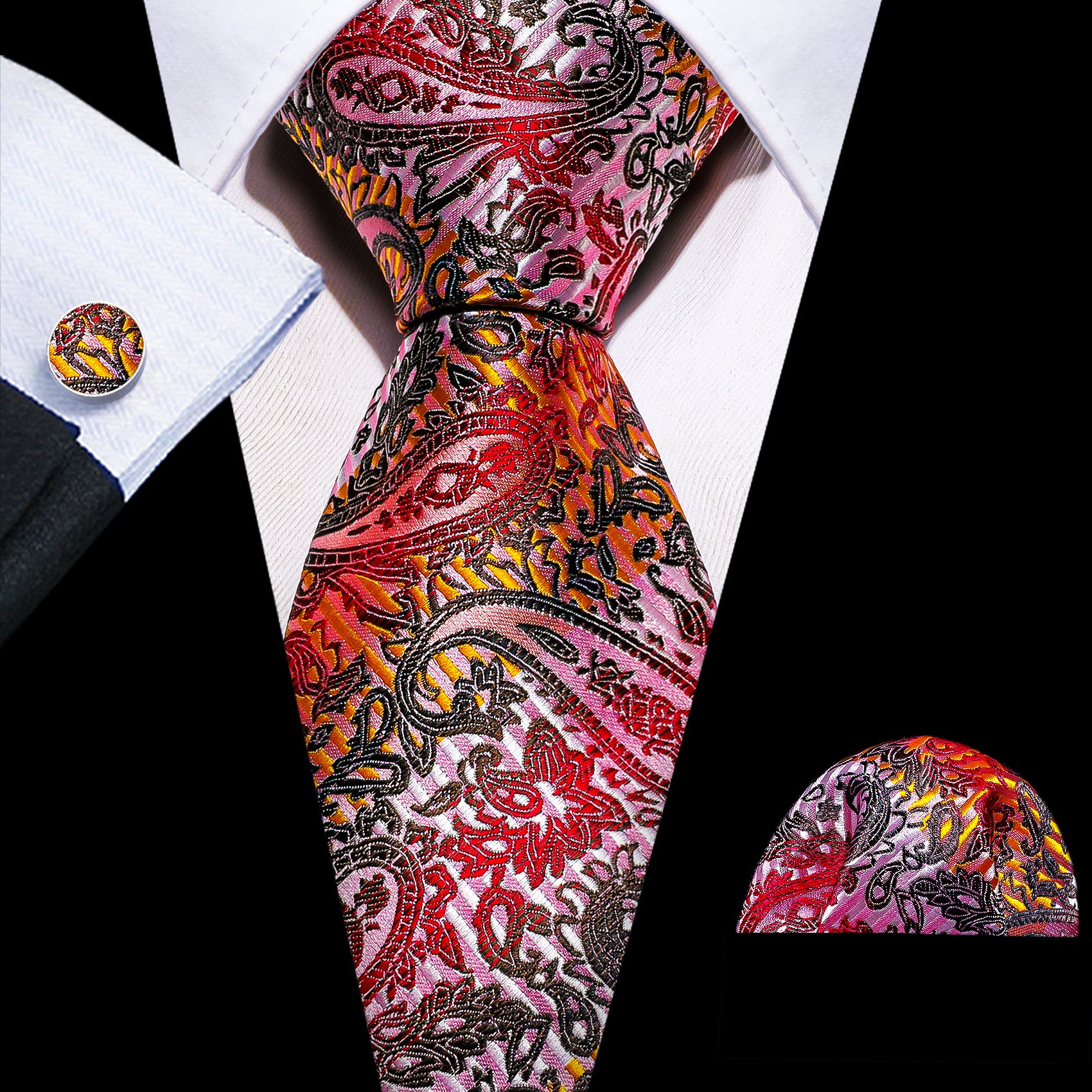 New Colorful Paisley Silk Tie Hanky Cufflinks Set
