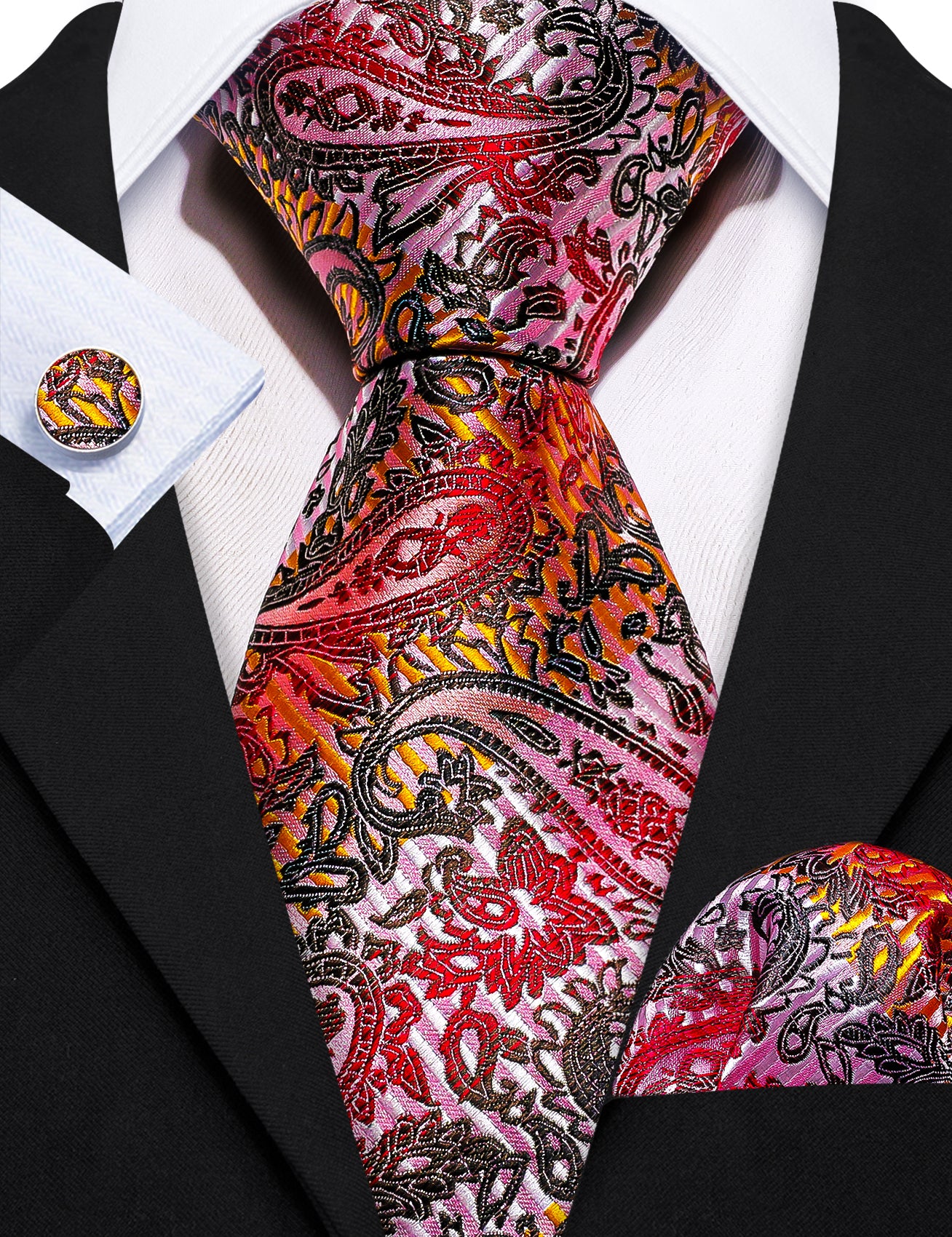 New Colorful Paisley Silk Tie Hanky Cufflinks Set