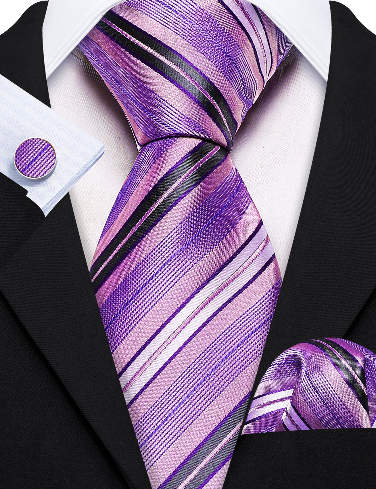 Purple Pink Striped Silk Tie Hanky Cufflinks Set