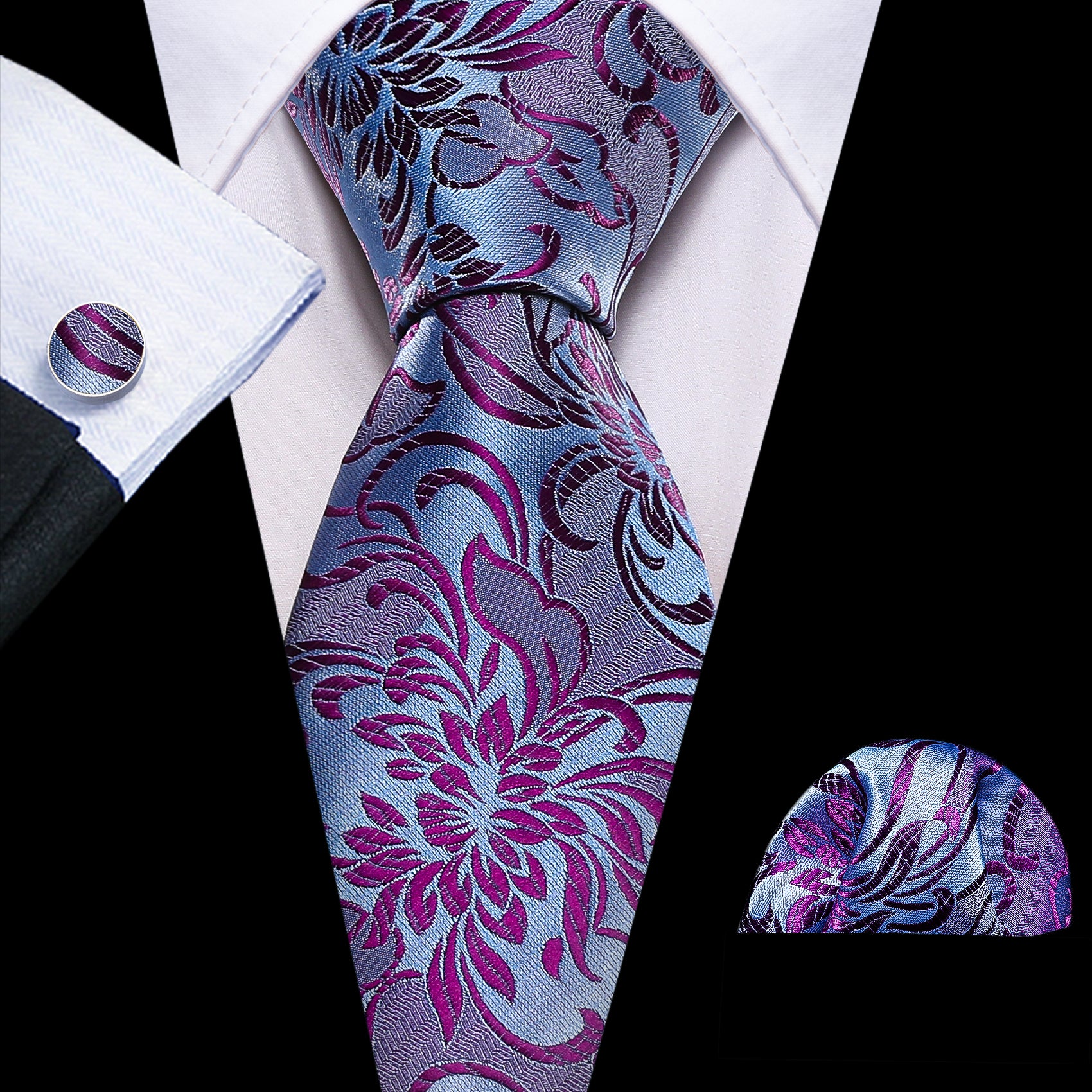 Blue Purple Flower Silk Tie Hanky Cufflinks Set