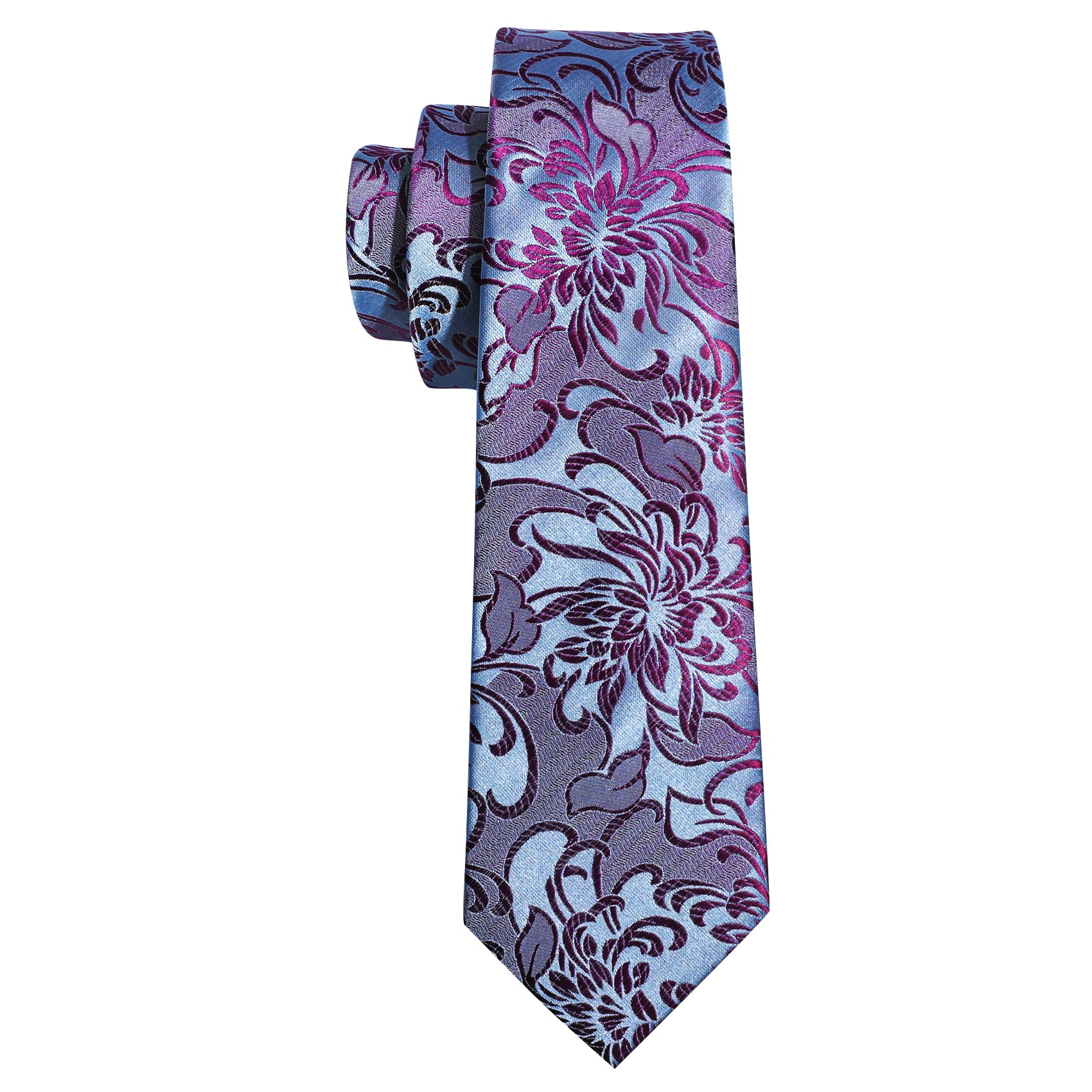 Blue Purple Flower Silk Tie Hanky Cufflinks Set