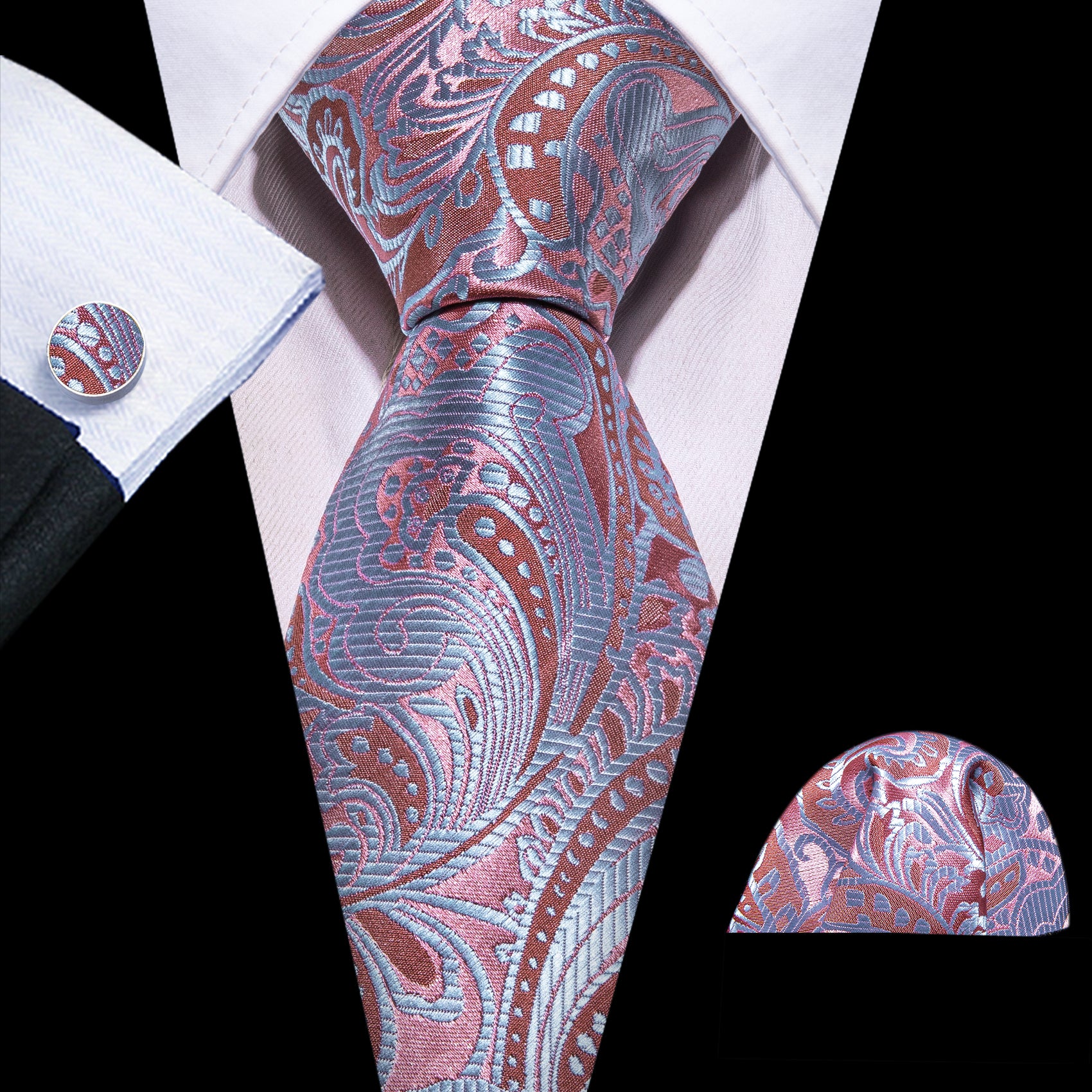 Pink Light Blue Paisley Silk Tie Hanky Cufflinks Set