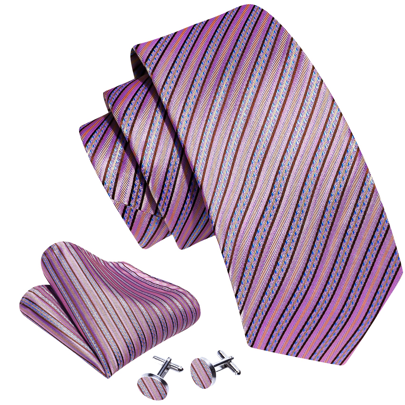 Pink Gold Striped Silk Tie Hanky Cufflinks Set