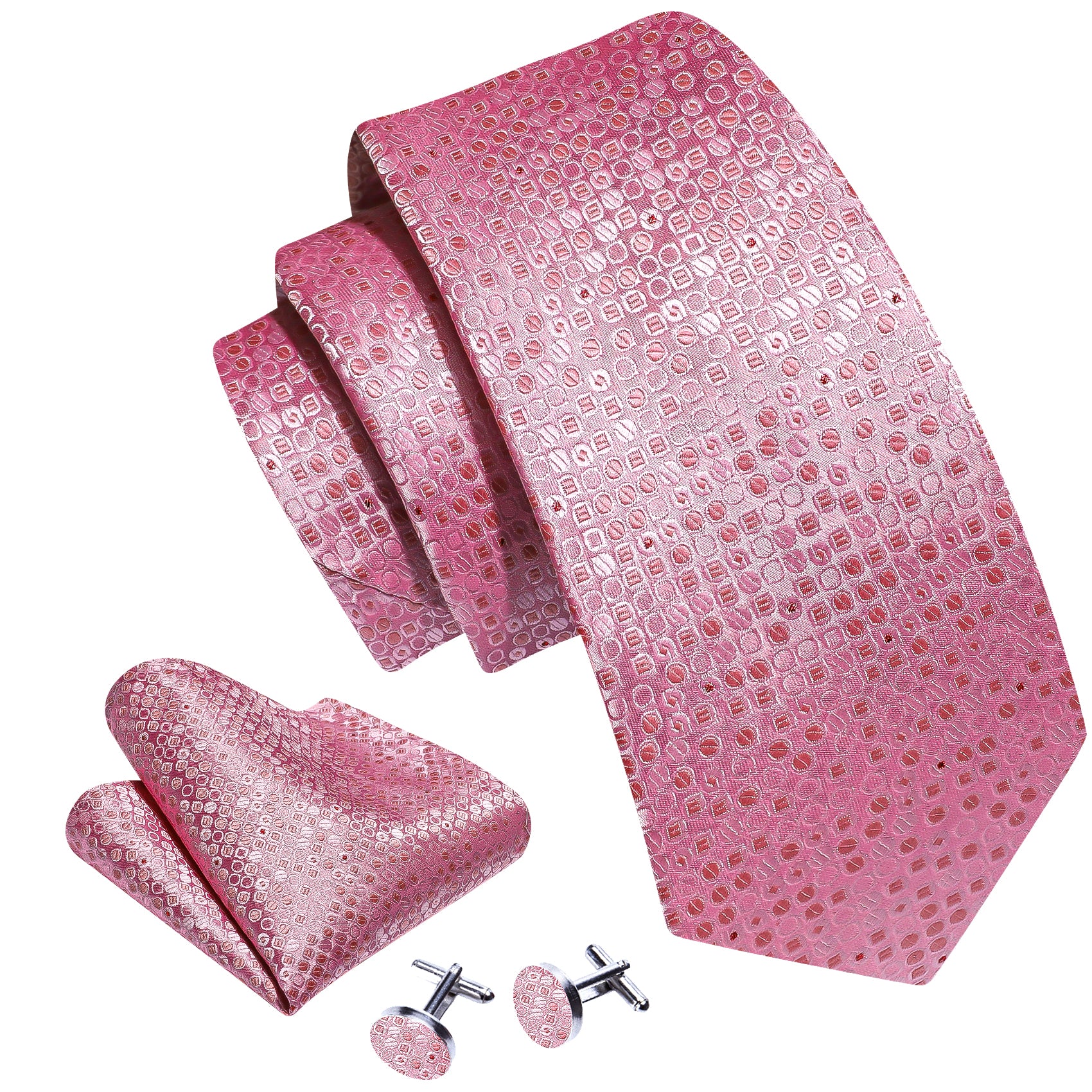 Novetly Pink Print Round Silk Tie Hanky Cufflinks Set
