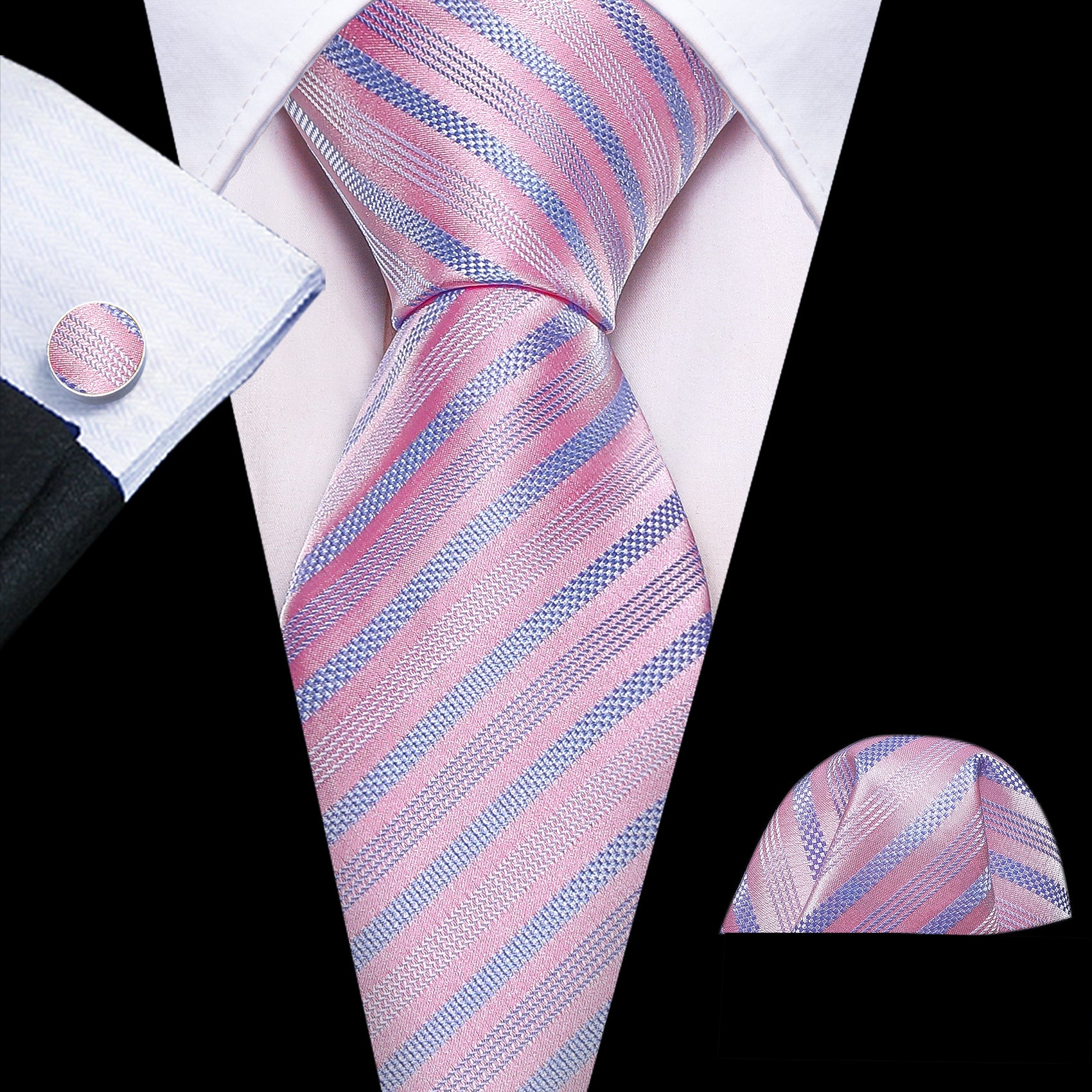 Shining Pink Blue Striped Silk Tie Hanky Cufflinks Set