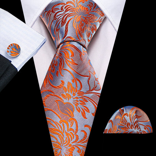Barry. Wang Orange Blue Flower Silk Tie Hanky Cufflinks Set