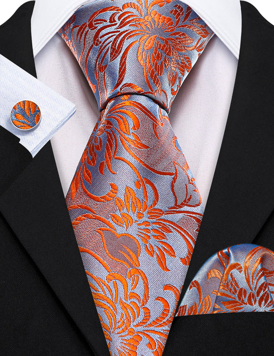 Barry. Wang Orange Blue Flower Silk Tie Hanky Cufflinks Set