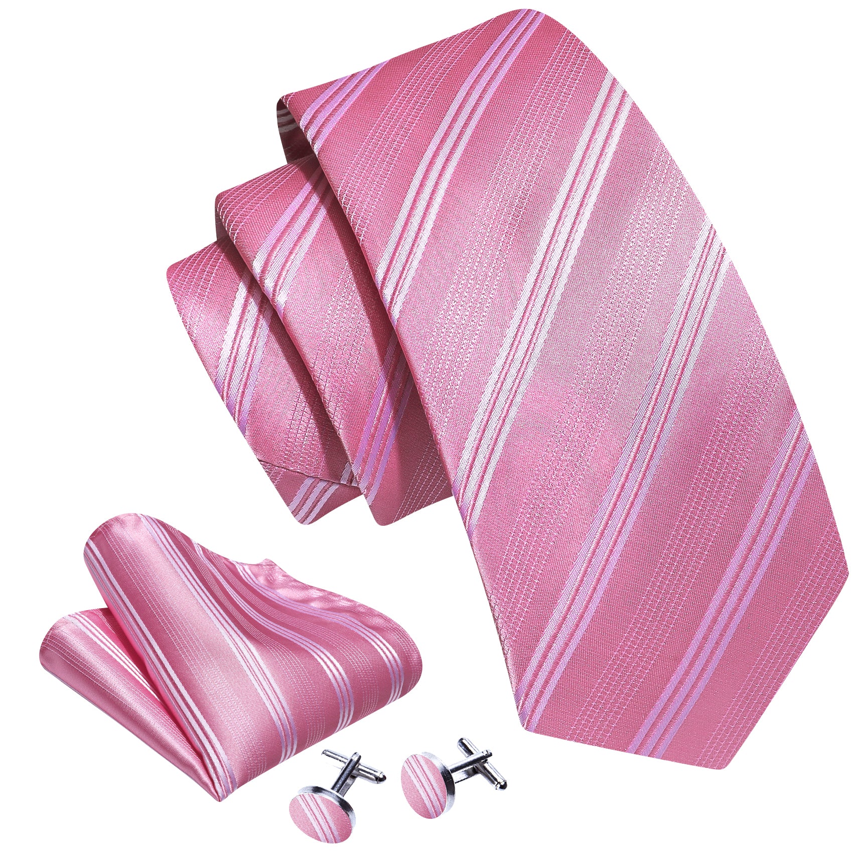 Pink White Striped Silk Tie Hanky Cufflinks Set