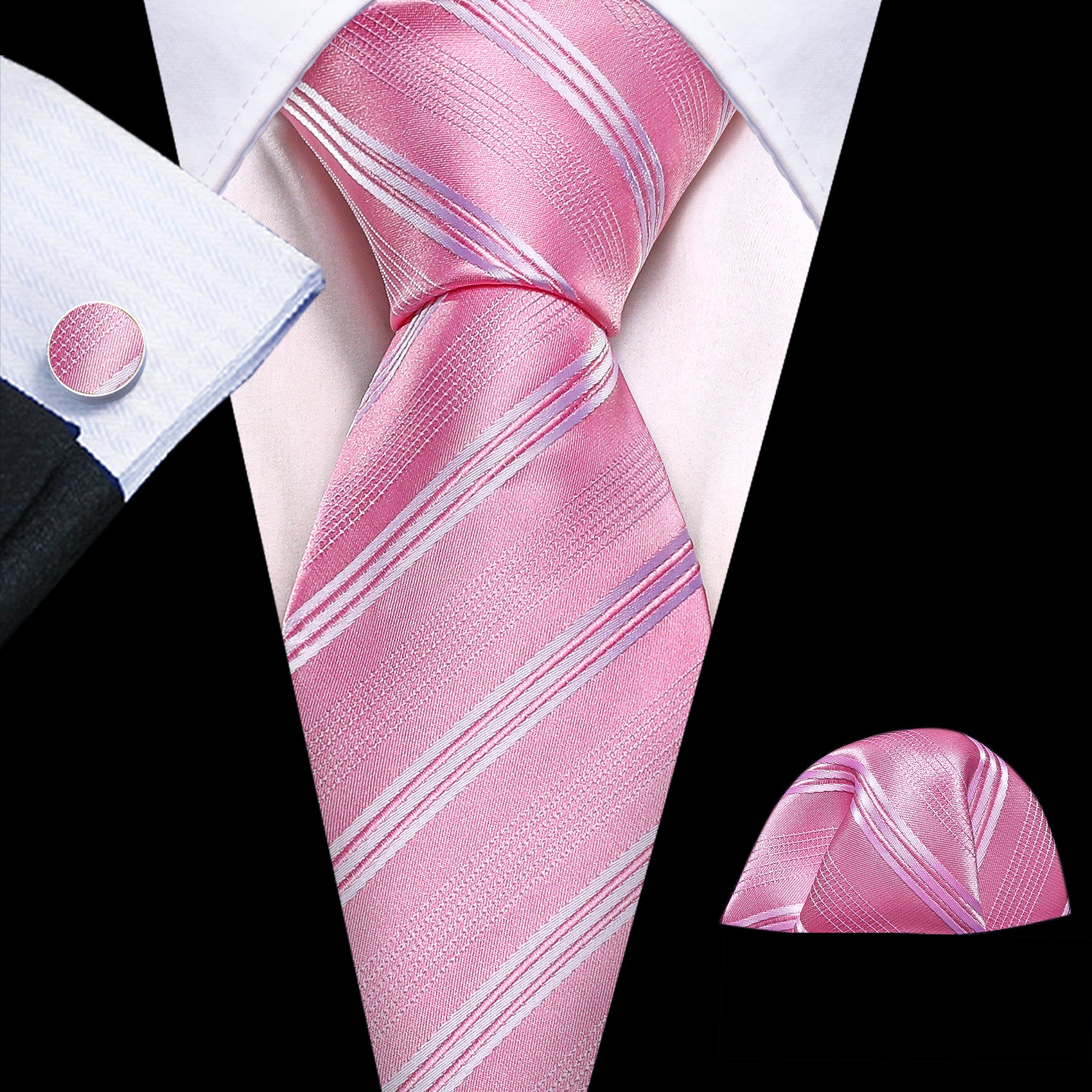 Pink White Striped Silk Tie Hanky Cufflinks Set