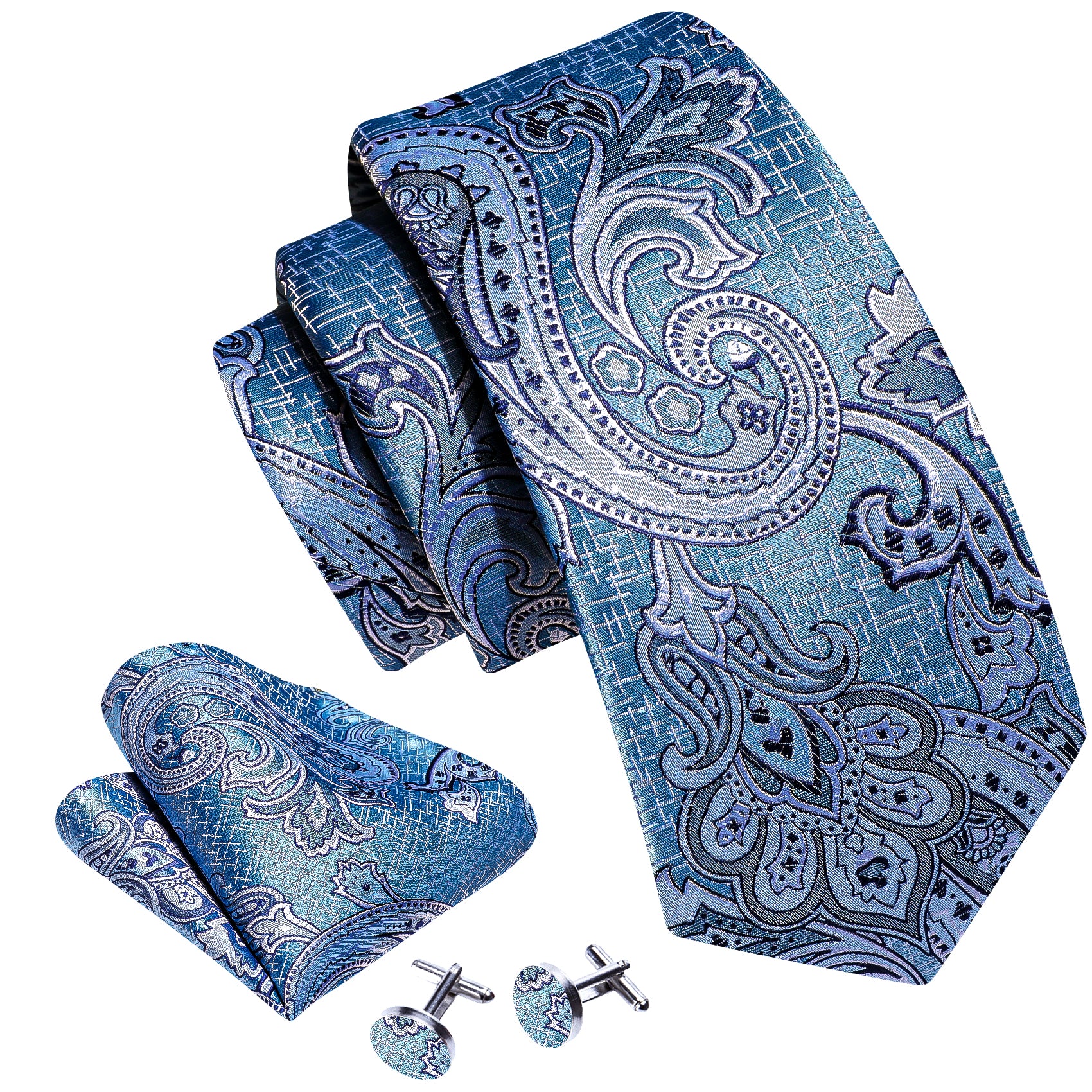Classy Blue Paisley Silk Tie Hanky Cufflinks Set