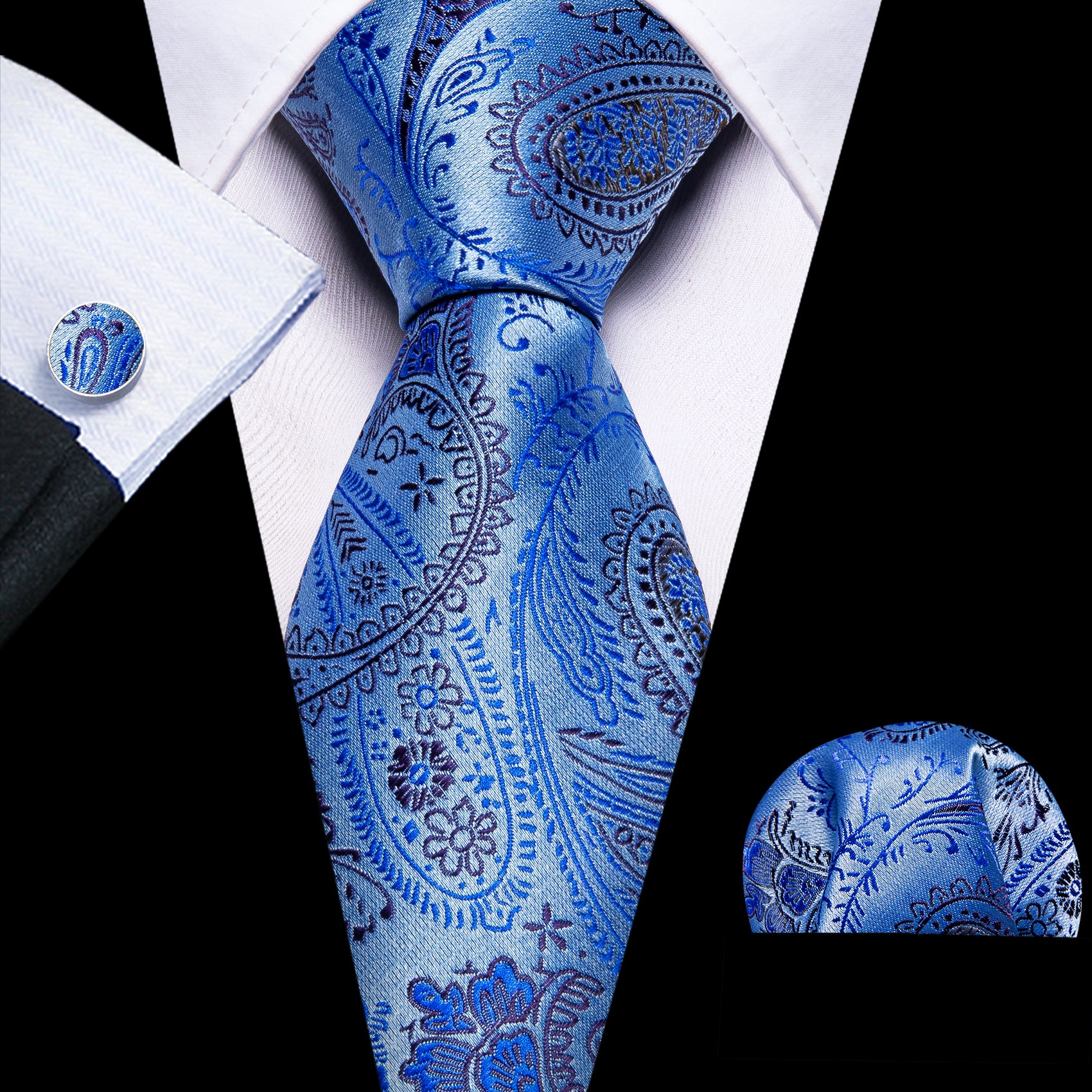 Fashionable Blue Paisley Silk Tie Hanky Cufflinks Set