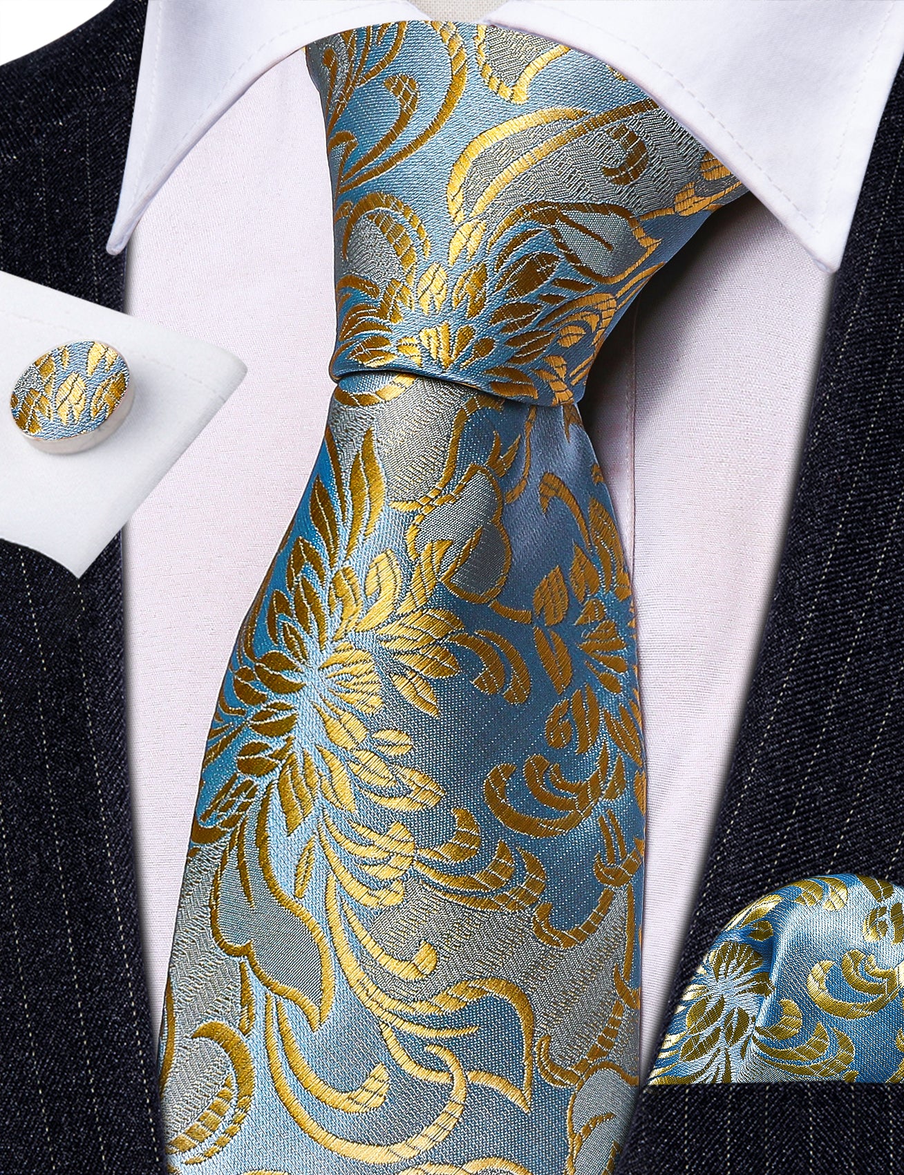 Gold Blue Flower Silk Tie Hanky Cufflinks Set