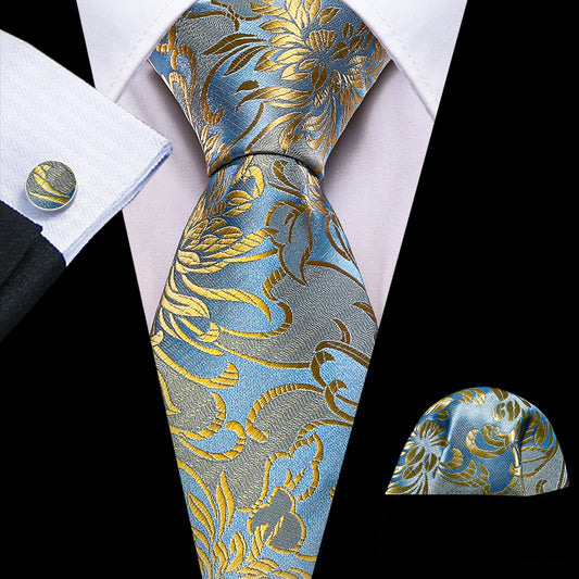 Barry. Wang Gold Blue Flower Silk Tie Hanky Cufflinks Set
