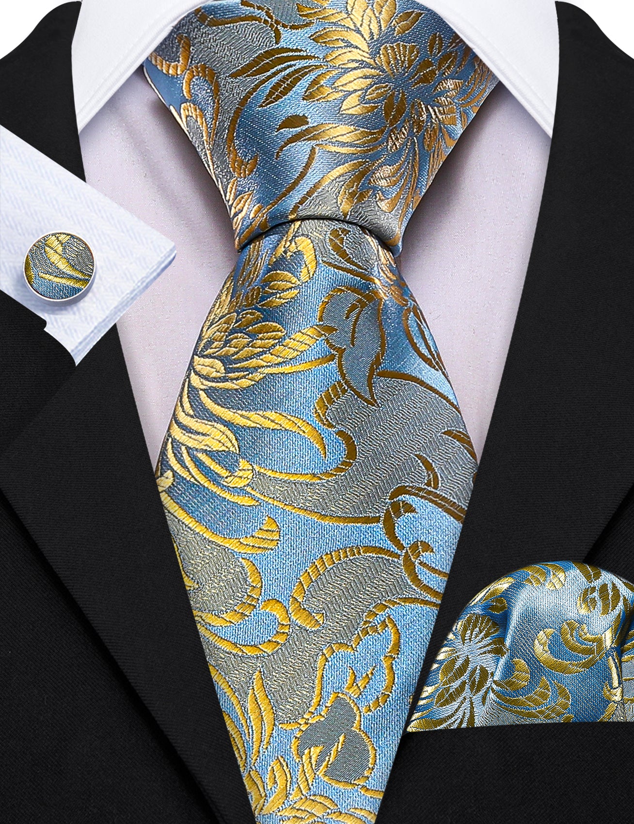 Gold Blue Flower Silk Tie Hanky Cufflinks Set
